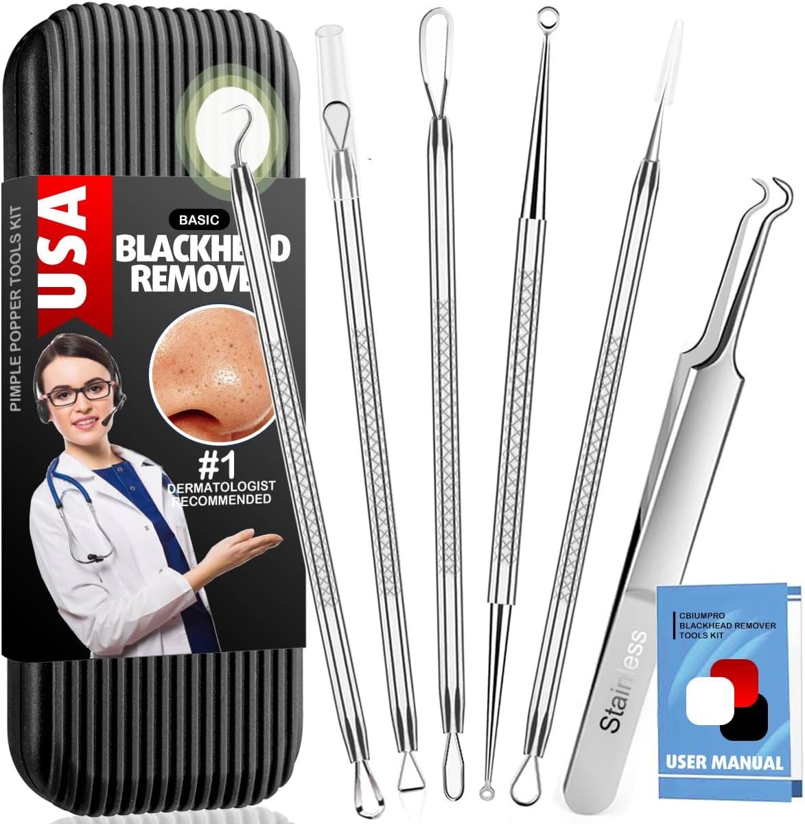 Cbiumpro 6 Pack Blackhead Remover Tools, Pimple Popper Tool Kit, Professional Blackhead Extractor for Zit, Acne, Whitehead, Comedone on Nose – with Case