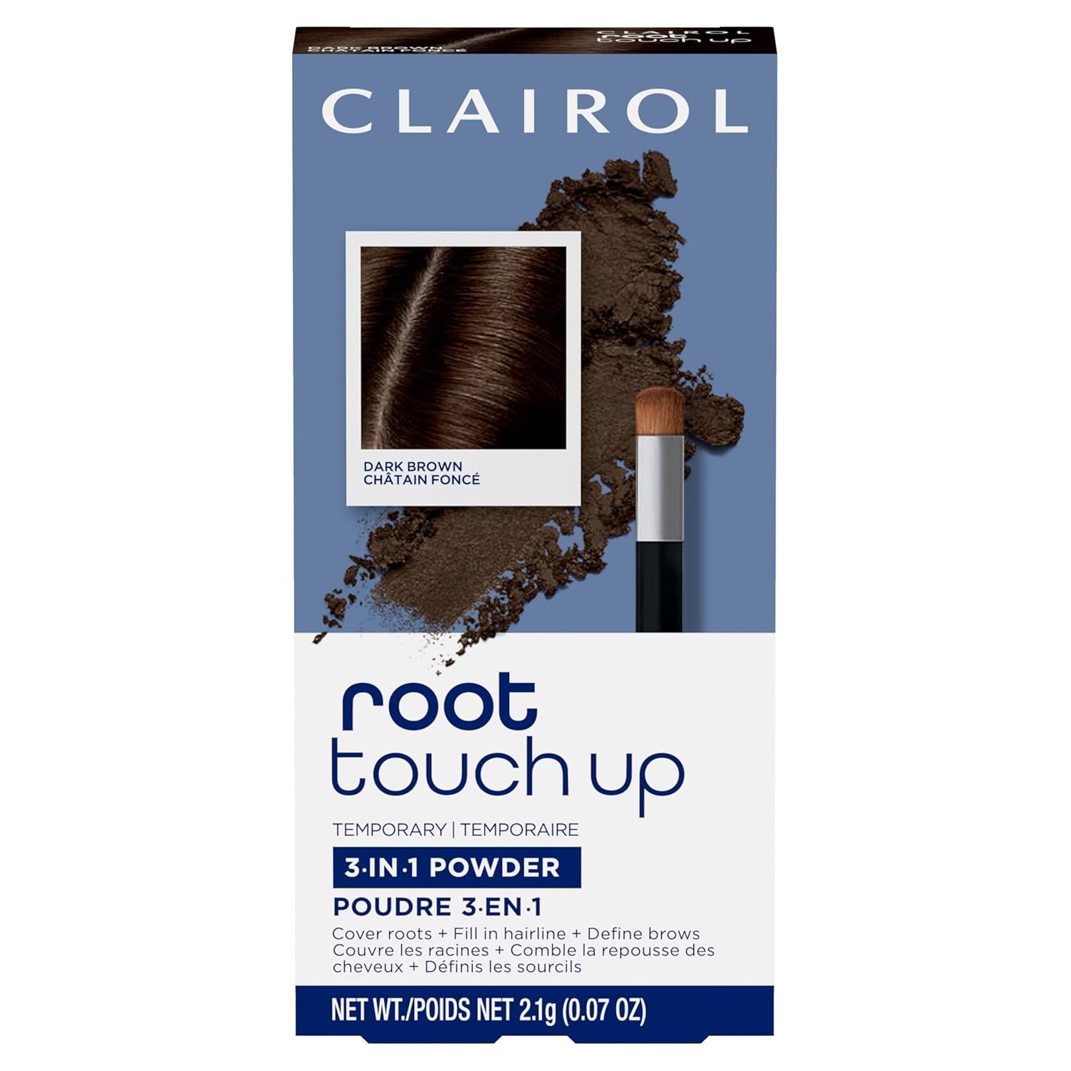 Clairol Root Touch-Up Temporary Concealing Powder, Dark Brown Hair Color | Ammonia Free | Instantly Cover Roots + Define Eyebrows | On-the-Go Compact with Mirror and Application Brush | Pack of 1