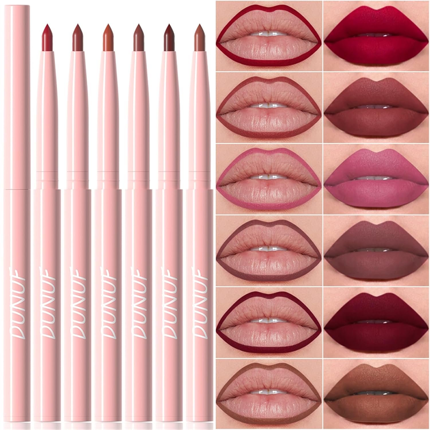 6Pcs Retractable Lip Liner Pencils Set, Ruby Mauve Red Rose Nude Pink Purple Taupe Brown 6 Rich Pigmented Shades Waterproof & Long-Lasting Creamy Matte Velvet Finish for Shaping & Sculpting Lips (#02)