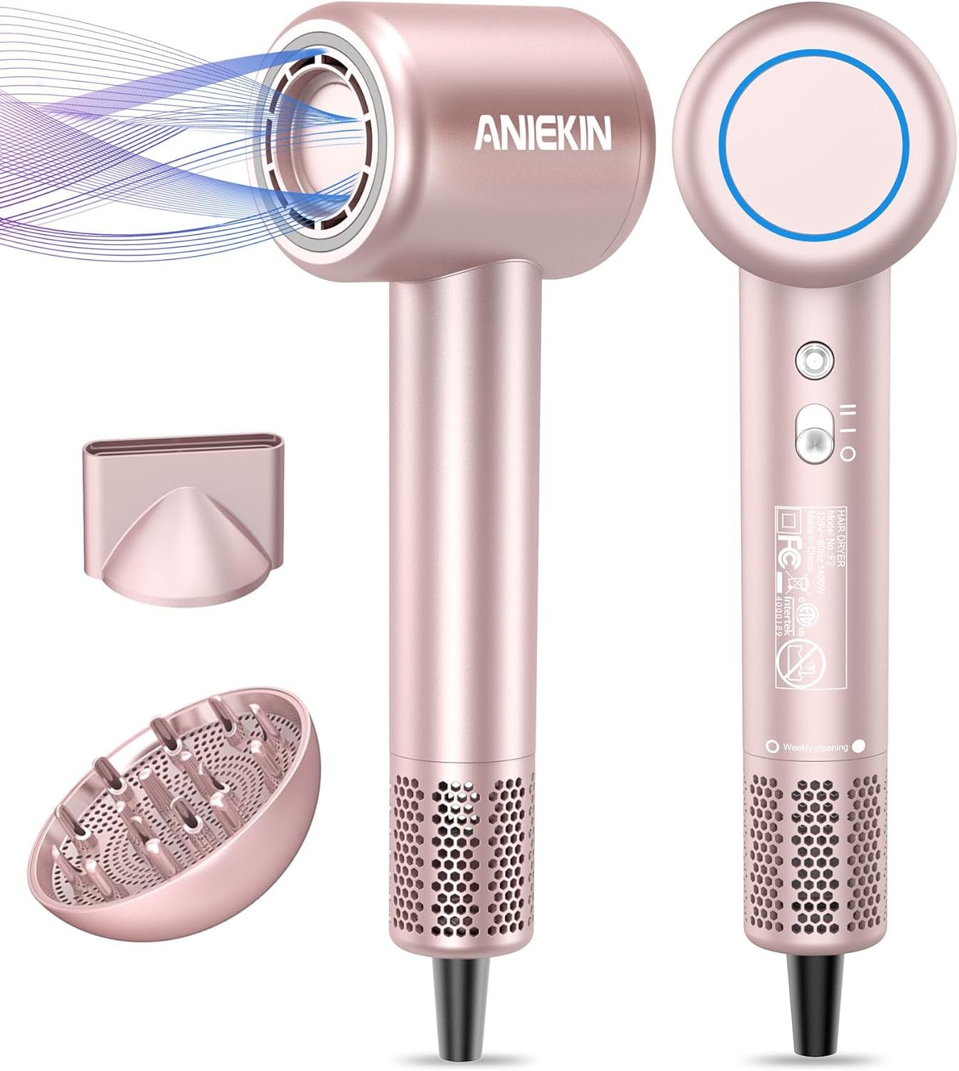 Hair Dryer, High-Speed Ionic Low Noise Blow Dryer with Brushless Motor for Fast Drying, Thermo-Control Quiet Compact Hair Blow Dryer with Magnetic Diffuser for Curly Hair for Home Travel Salon