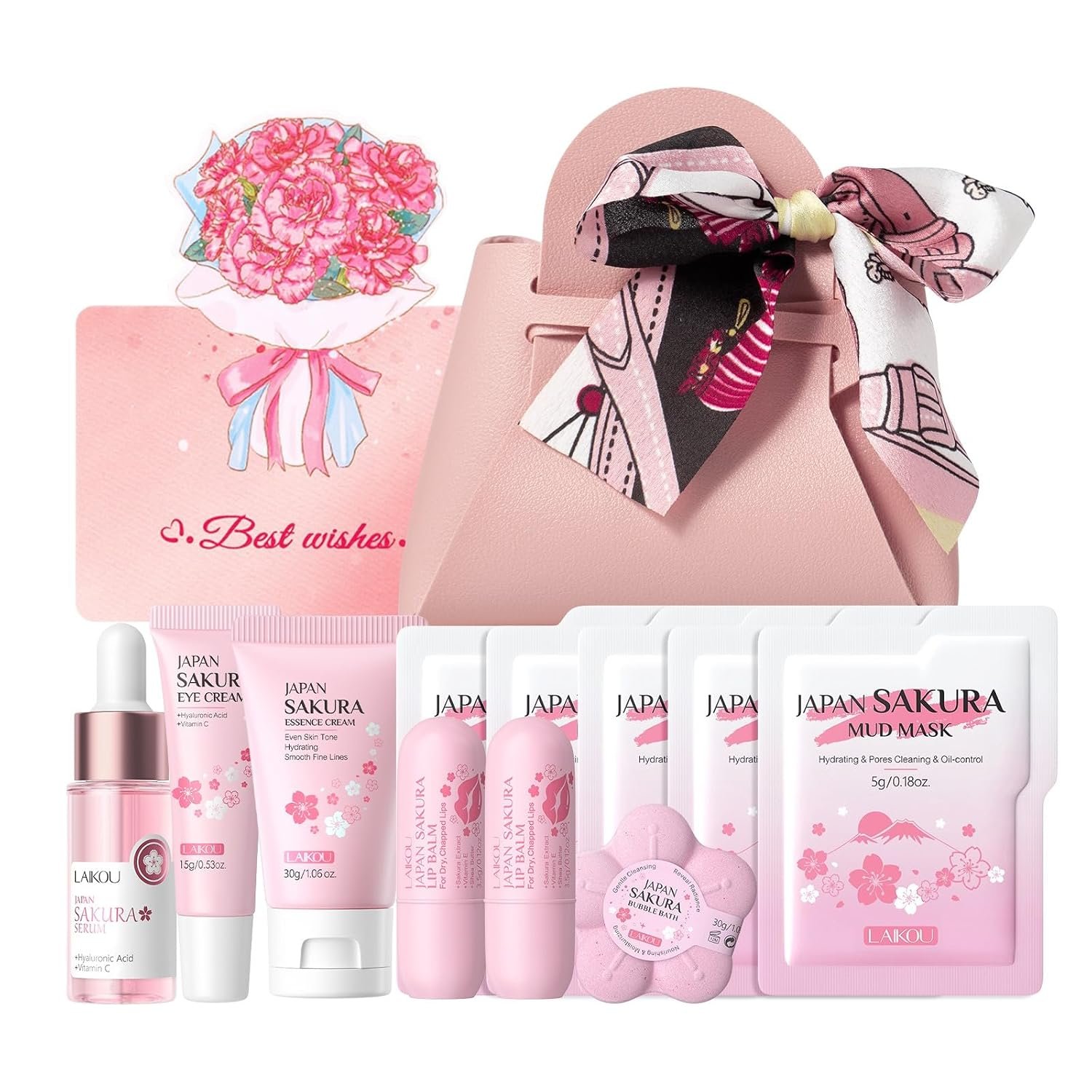 LAIKOU Sakura Skin Care, Skin Care Set, Gift Set for Women with Serum, Moisturiser, Eye Cream, Lip Balm, Bubble Bath, Mud Mask, Greeting Cards & Gift Bag Valentine’s Day Mother’s Day Christmas Woman