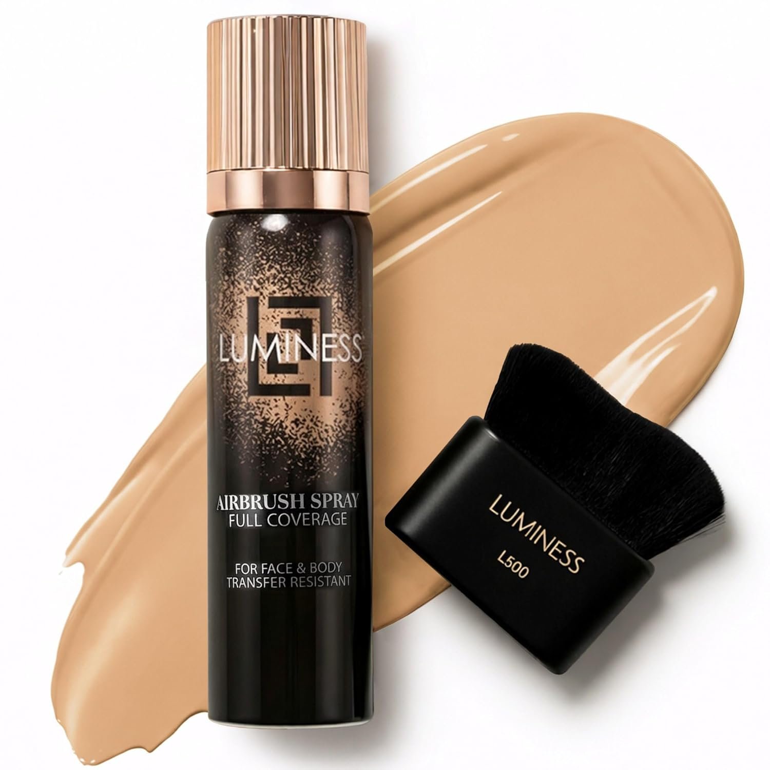 LUMINESS Transfer Resistant Airbrush Body Coverage Perfector/w Kabuki Brush – Tattoo Cover Up Makeup Waterproof Full Coverage Foundation for Leg and Body, Bronzer & Tattoo Concealer, 18-Hour Wear