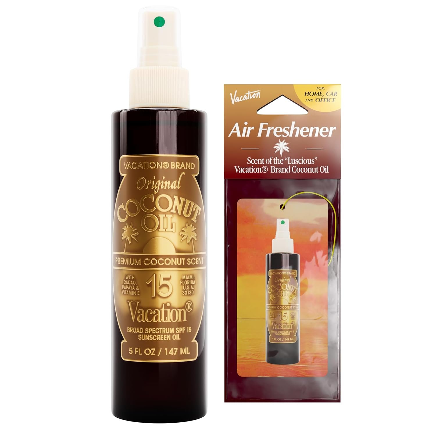 Vacation Coconut Oil SPF 15 Sunscreen Oil Spray and Air Freshener Bundle, 5 Fluid Ounces – Hydrating Body Sunscreen, Lightweight, Reef Safe, Transparent on All Skin Tones, Non-Greasy