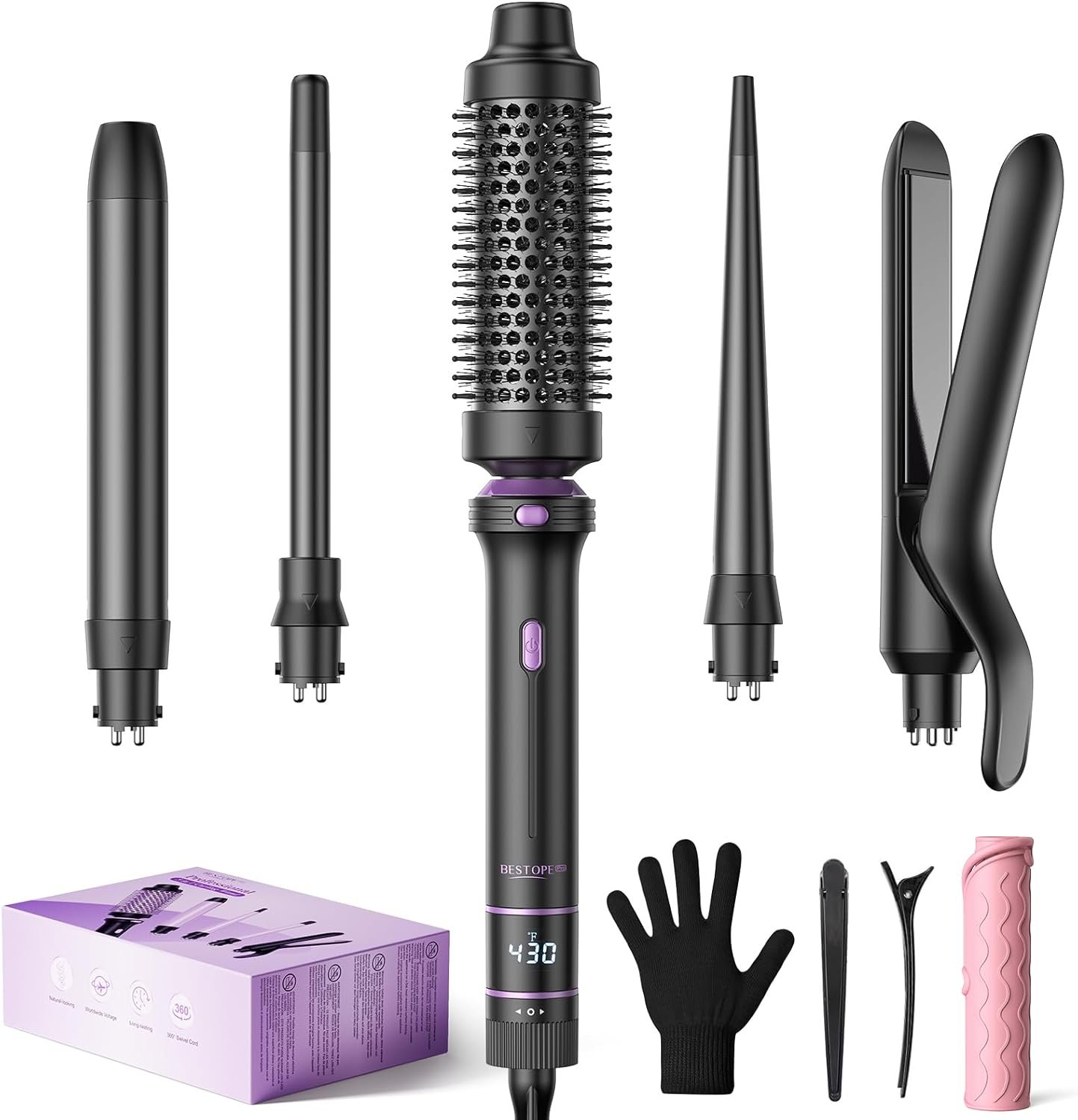 5 in 1 Curling Iron, Curling Wand Set with Thermal Brush, Flat Iron Hair Straightener, 3 Ceramic Irons (0.35″-1″), 13 Adjustable Temps, Hair Curler Waver with Heat Resistant Mat, Glove, Clip