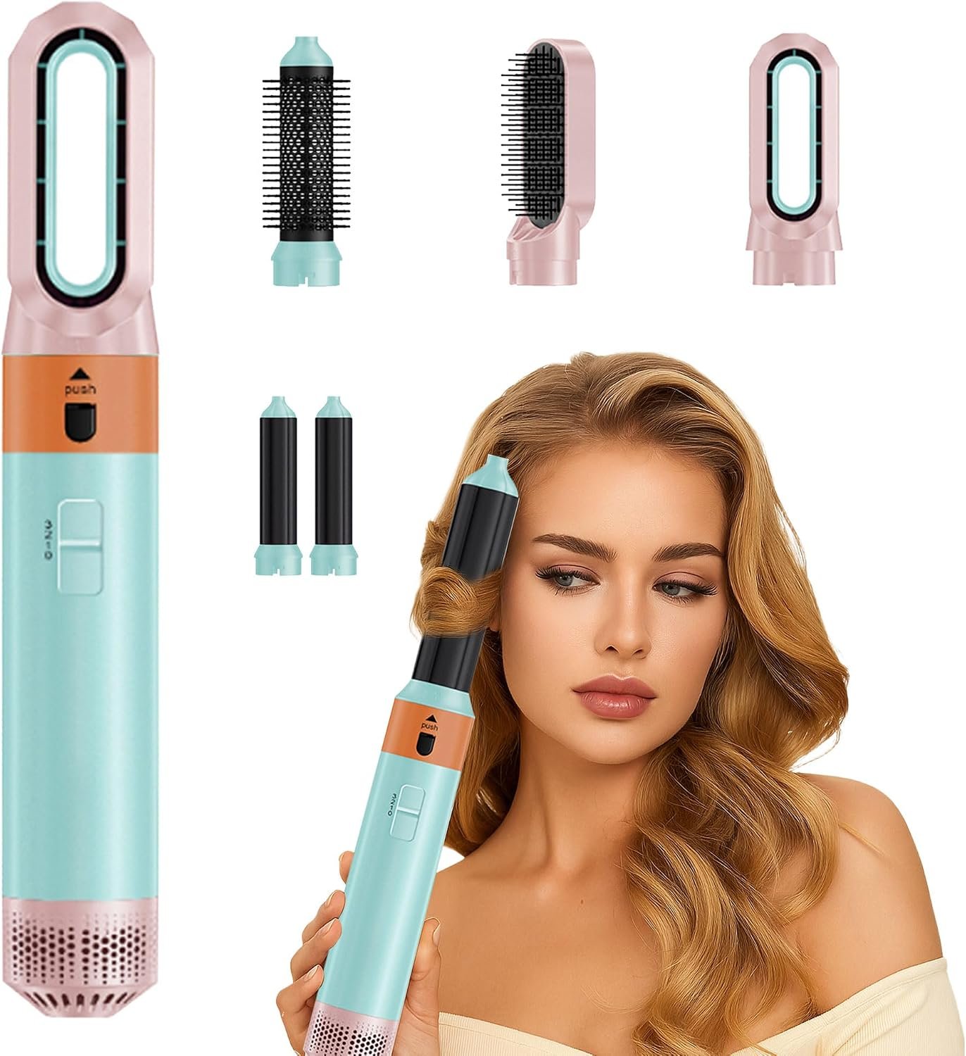 5 in 1 Hair Dryer Brush Set–Air Styler for Hair,Blow Dryer Curling Iron&Airbrush Hair Styler 5 in 1 with Ionic Technology,Detachable Hot Air Brush for Drying,Curling, Straightening (Macaron Color)