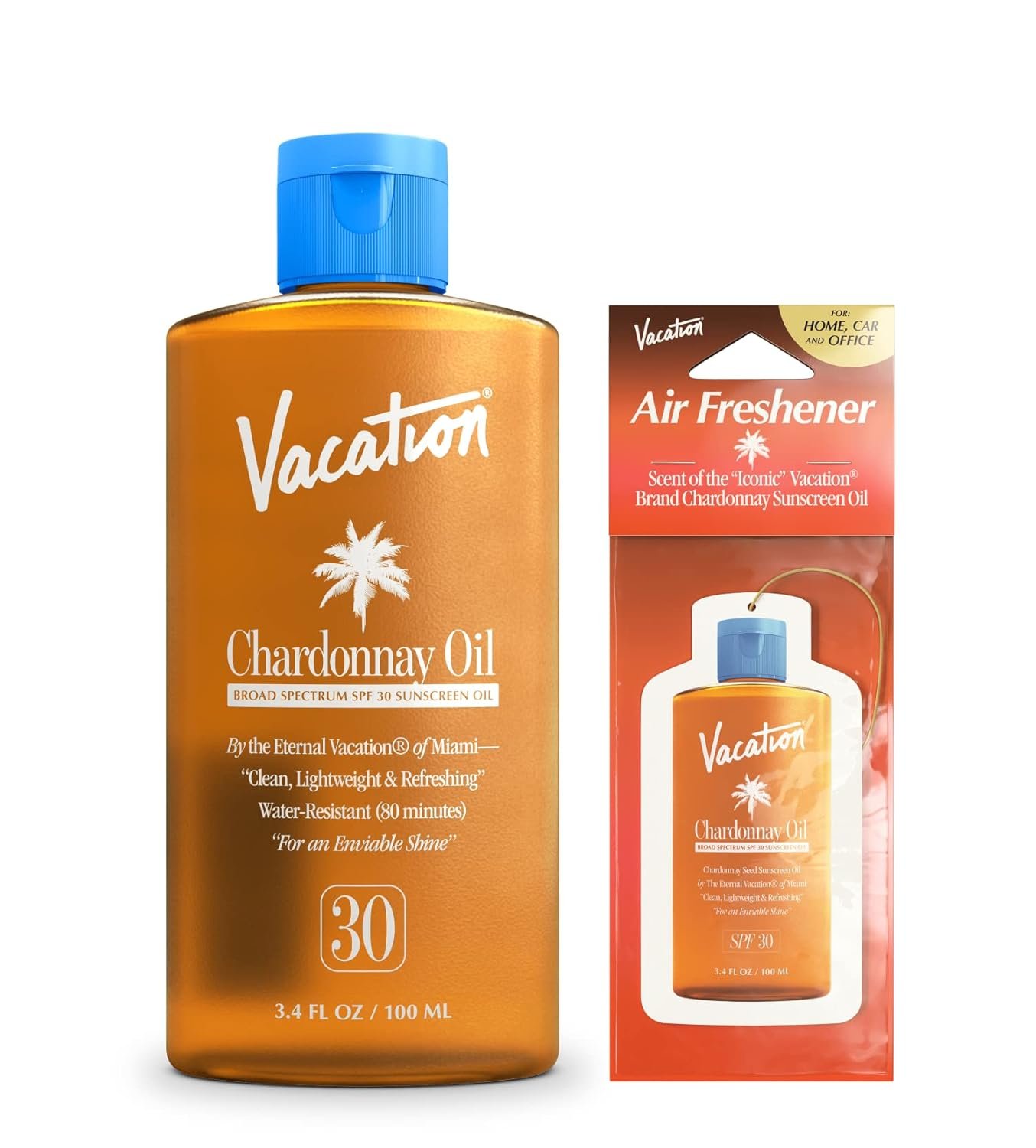 Vacation Chardonnay Oil SPF 30 Sunscreen Oil and Air Freshener Bundle, 3.4 Fluid Ounces – Hydrating, Lightweight, Reef Safe, Transparent on All Skin Tones, Tanning Glow, Vegan