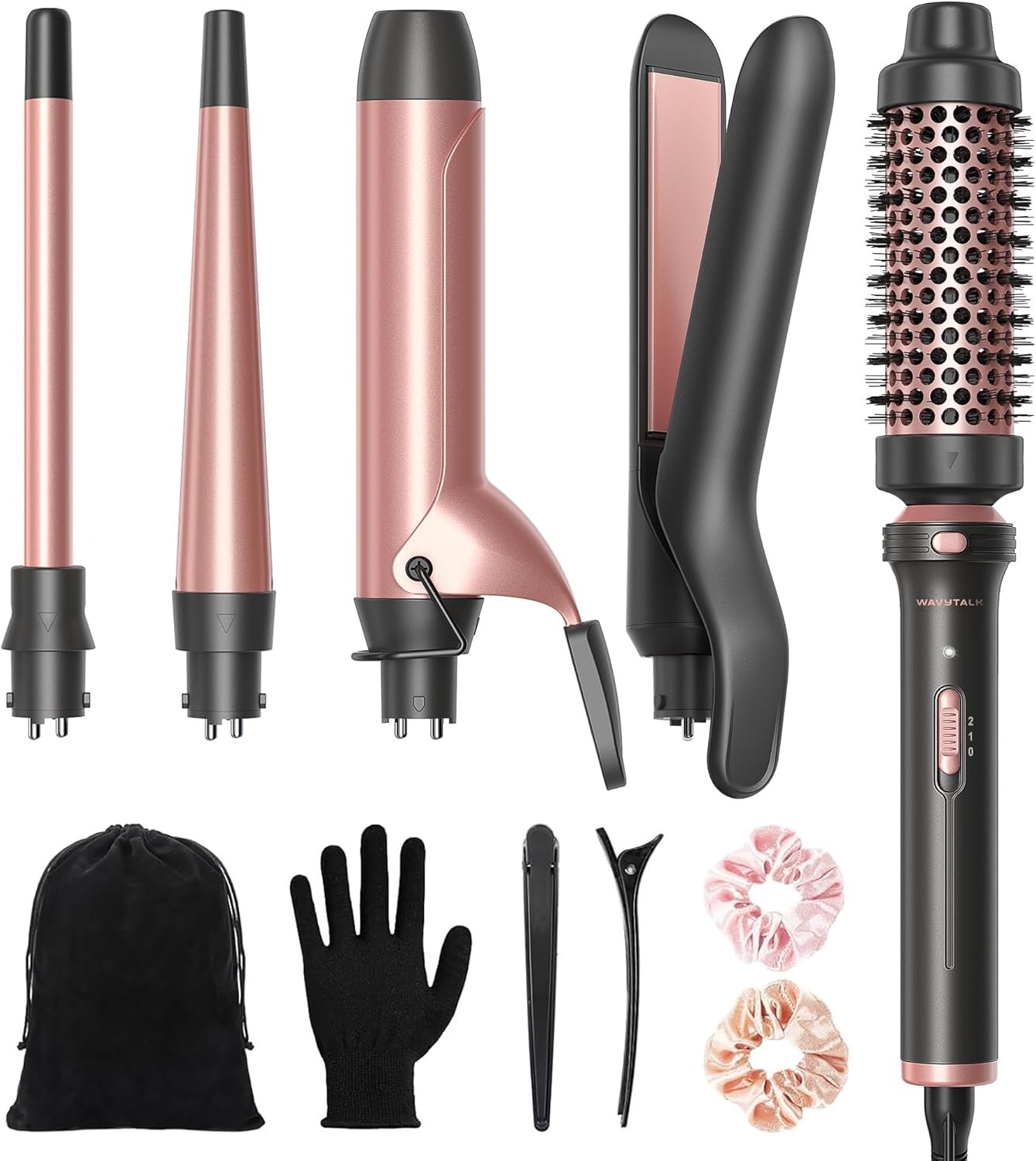 Wavytalk 5 in 1 Curling Iron Set with Thermal Brush and 4 Interchangeable Ceramic Curling Wands (0.5′-1.25′), Instant Heat Up Hair Curling Iron, Rose Gold