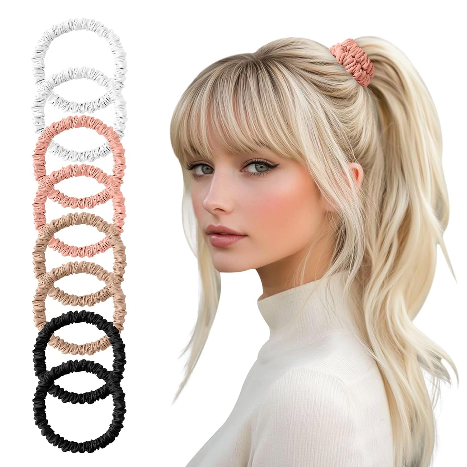 ZHENSILK 8Pcs Silk Scrunchies for Women, No-Damage Hair Ties for Thin & Fine Hair, Soft Satin Ponytail Holders Reduce Hair Breakage, Creases & Frizz, Everyday Hair Accessories