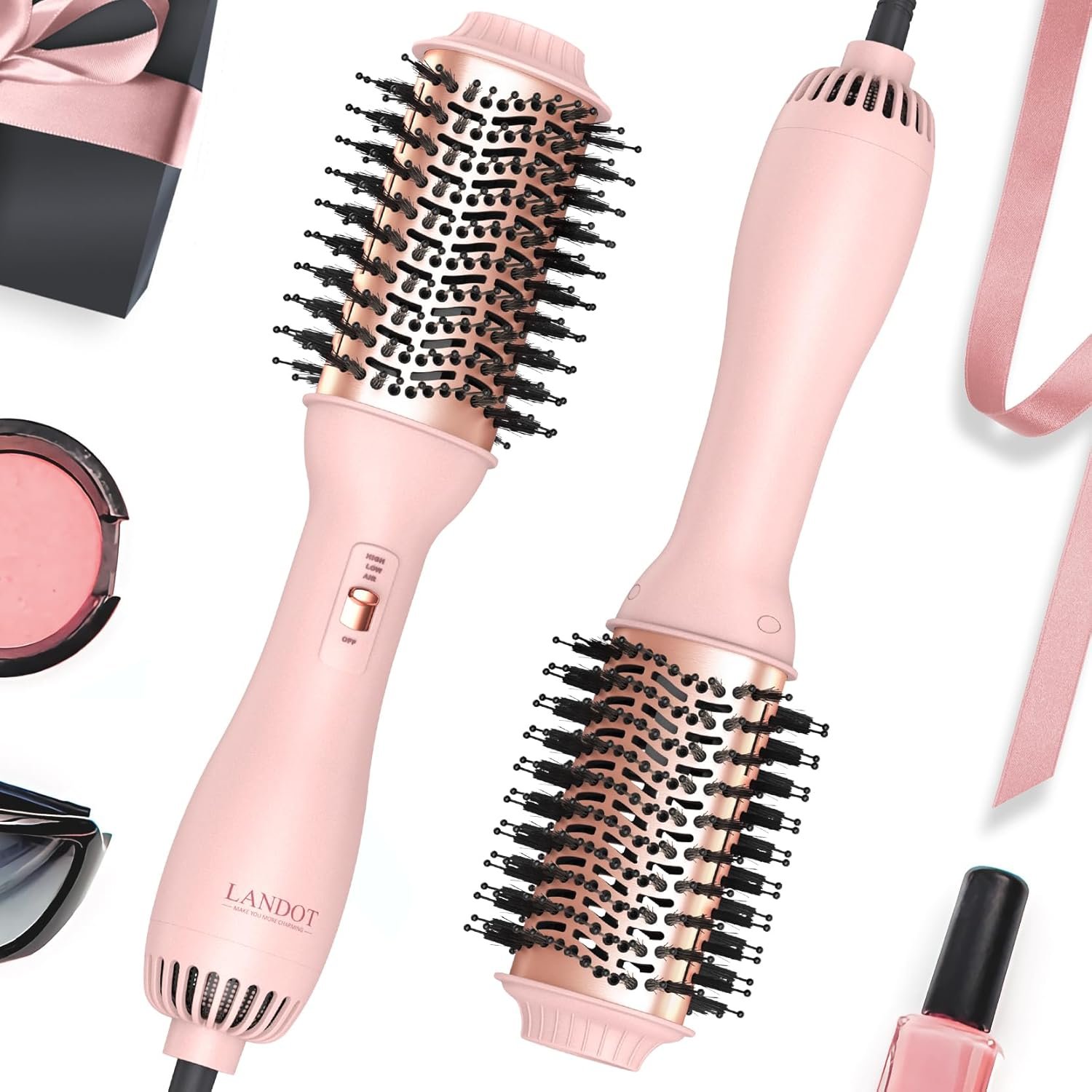 LANDOT Hair Blow Dryer Brush – One-Step Volumizer & Styler with Ceramic Titanium Barrel, Ionic Anti-Frizz Technology, 3 Heat/2 Speed Settings for All Hair Types, Rose Gold