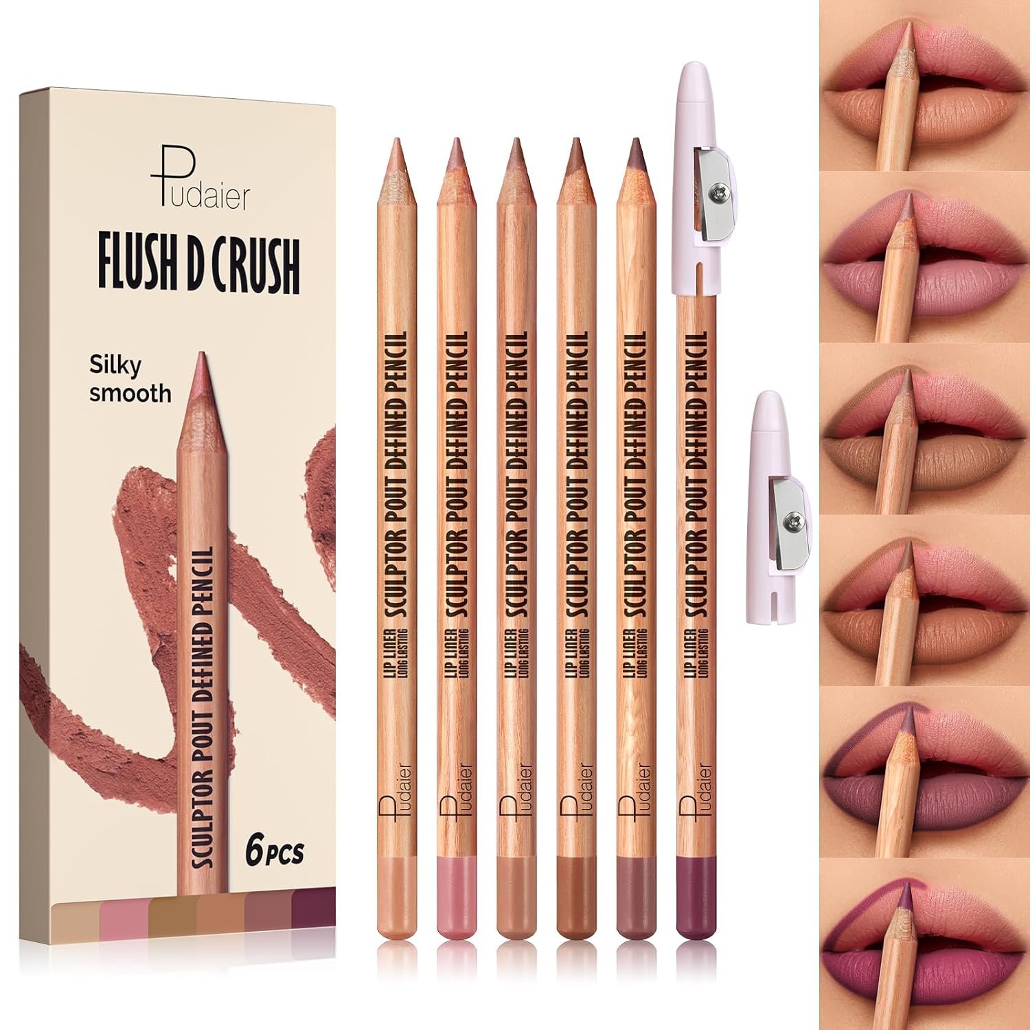 Pudaier 6Pcs Lip Liner Set, Nude-Pink Matte Series Lip Liner with 2 Sharpeners, Smooth & Longer-Lasting LipLiner for Women, High Pigmented Waterproof Lip Liner Pencil for Defining & Filling Lips
