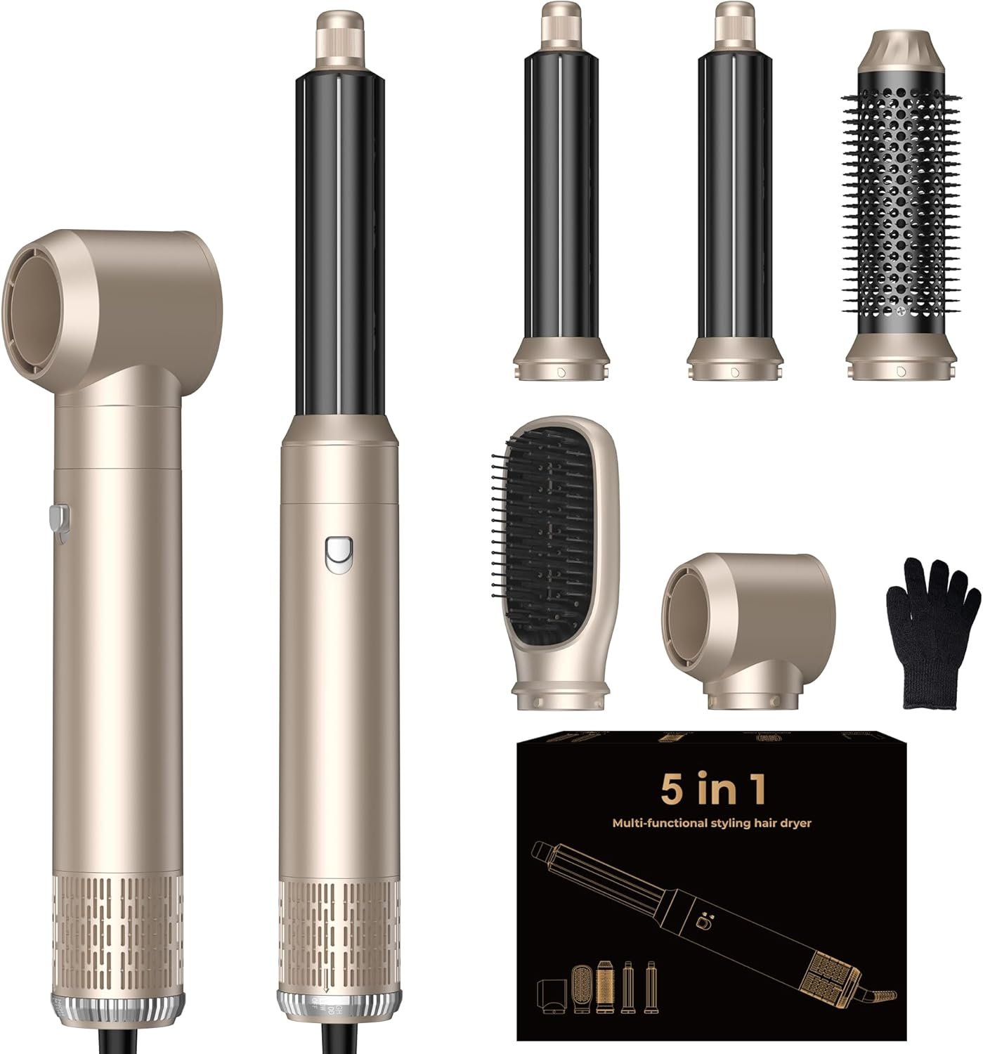 Blow Dryer Brush Set 5 in 1, Hot Air Styler Negative Ionic Low-Temp Hair Care Air Curling Wrap, Round Brush Dryer & Curling Iron for Dry Volumize Straight Curl, 100-120V