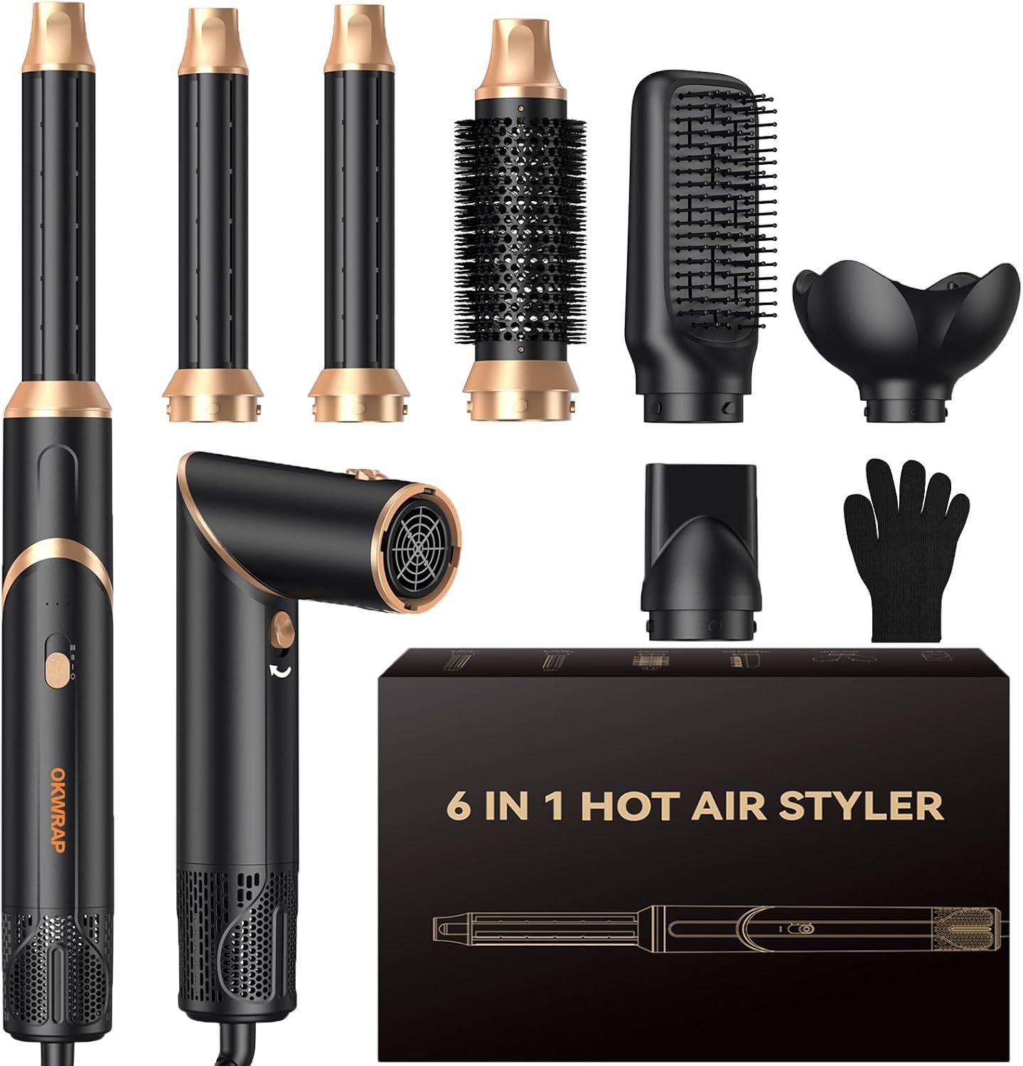 6 in 1 Air Styler & Hair Dryer Brush Set，Foldable Professional Negative Ionic Hair Styling Tools with Diffuser,Detachable Blow Dryer Brush with Auto Wrap Curlers,Hot Air Brush for All Hair Types.