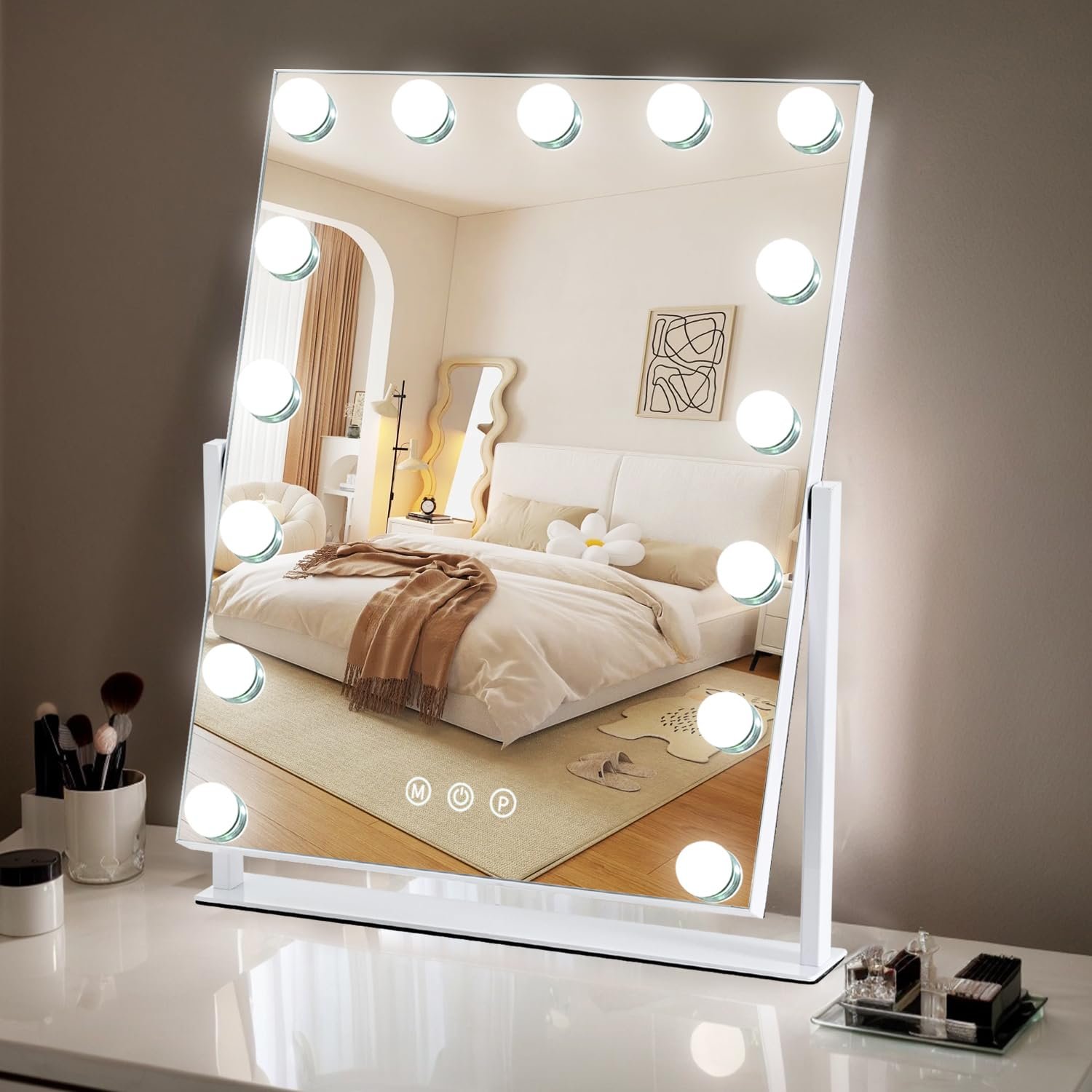 Vanity Mirror with Lights, 17” x 13” Lighted Makeup Mirror for Desk, Hollywood Mirror with 15 Dimmable Bulbs, 3 Color Modes, Smart Touch Control, 360°Rotation, Gifts for Girls