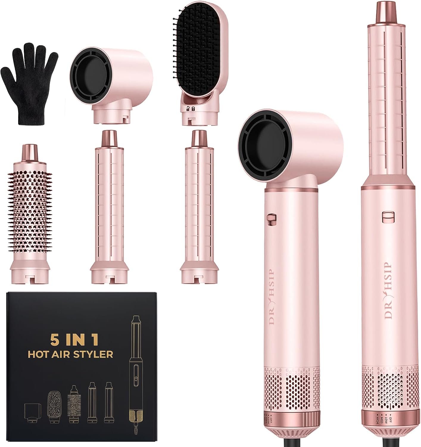 5 in 1 Hair Styler for Woman，Air Curling Wrap, Drying, Curling, Straightening & Volumizing, Hot Air Curler Dryer Brush Tool Set, Curl Styling Tools, Hair Styling at Home Travel -Pink