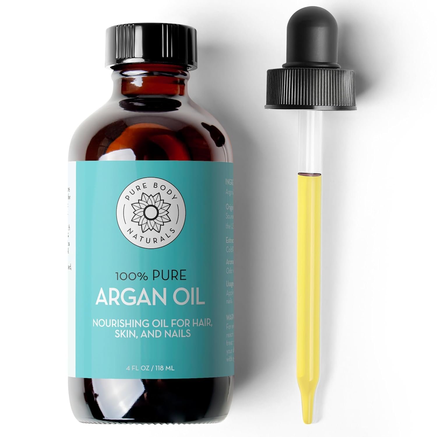Pure Body Naturals Argan Oil for Skin and Face – 4 fl oz Cold Pressed, Light, Non-Greasy, Nourishing Pure Argan Oil for Hair – Aceite de Argan