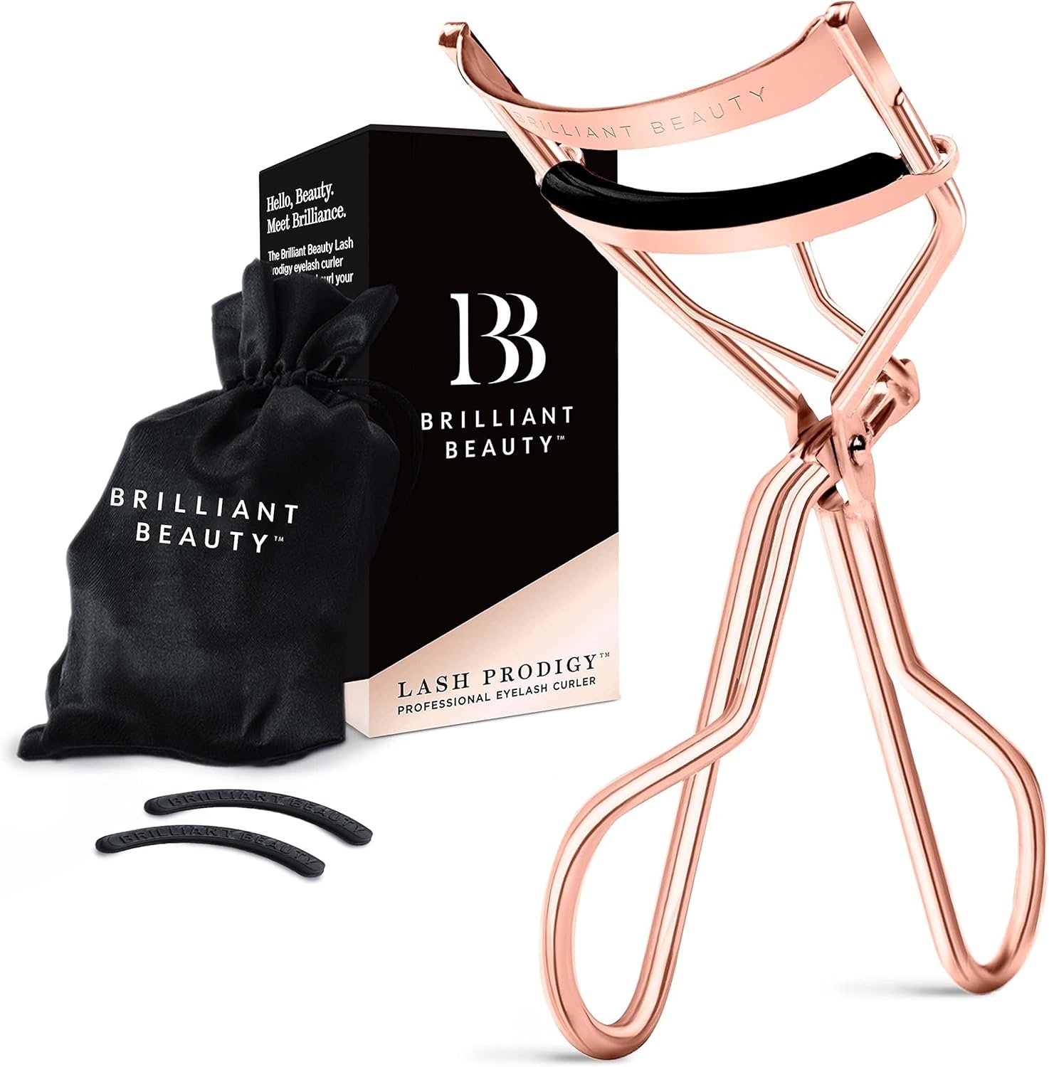Brilliant Beauty Eyelash Curler with Satin Bag & Refill Pads – Award Winning – No Pinching, Just Dramatically Curled Eyelashes for a Lash Lift in Seconds (Rose Gold) | Dramatically Curled Lashes, Lash Lift in Seconds, No Pinching