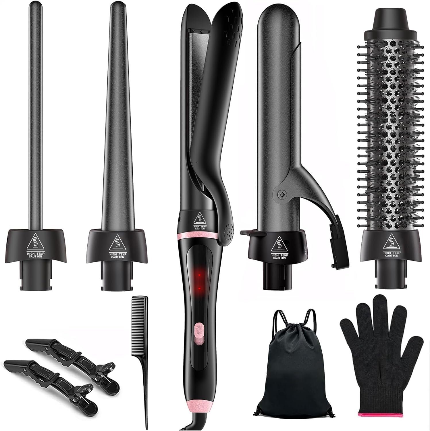 5 in 1 Curling Iron with Thermal Brush and Interchangeable Ceramic Barrels (0.35″-1.25″), Curling Wand Set with Flat Iron Hair Straightener Instant Heat Up Dual Voltage Hair Curler Gifts for Women