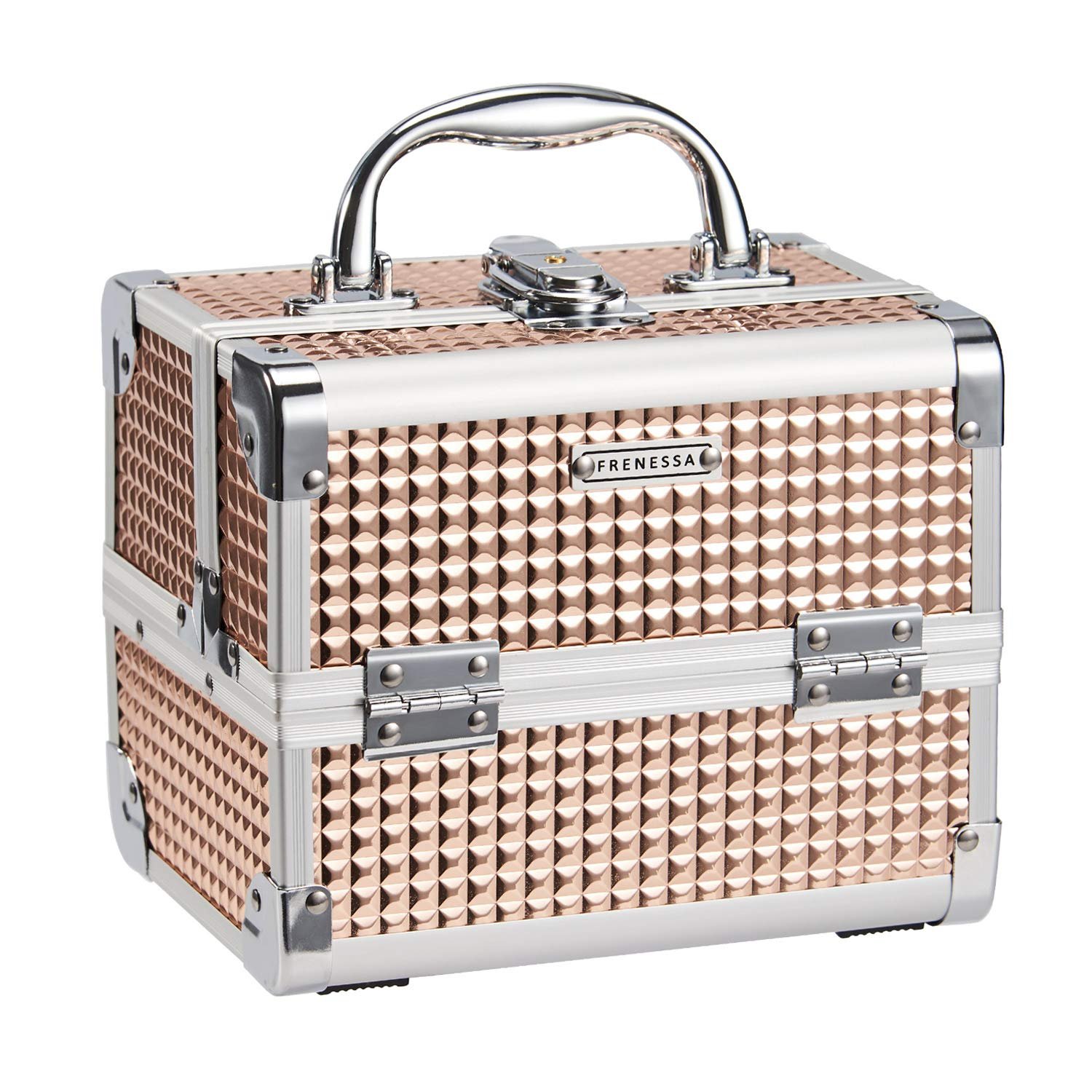 FRENESSA Makeup Case Train Case Portable Makeup Box with Mirror Lock Box Travel Cosmetic Train Cases Hard Makeup Organizer for Nail Craft Storage Vanity for Girl Rose Gold