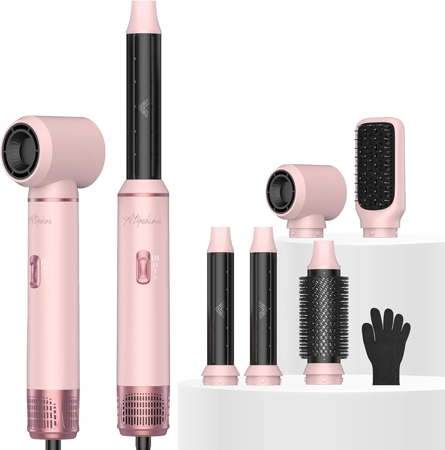 Atopskins 5 in 1 Hair Dryer Brush Set, Detachable Hot Air Styler, Blow Dryer Brush, 3 Heat Settings Auto Curling Wrap Styler, Ionic Hair Styling Tools – Straighten Curl Dry Volumize Smooth (Pink)