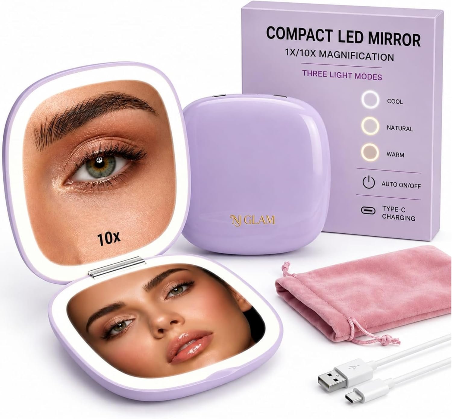 Lighted Makeup Mirror for Women, Portable, LED Light, USB Charging, auto on/Off, 1x/10x Magnification and 3 Light Color Settings, dimmable (Lavender)