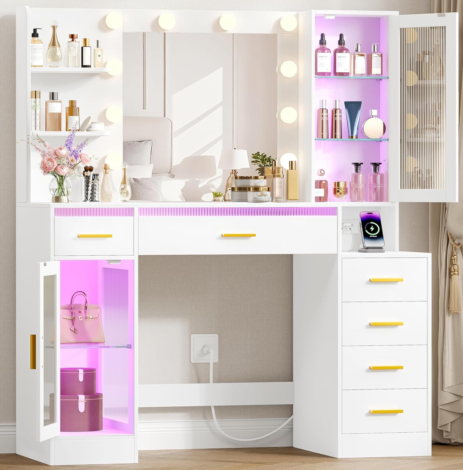 Vanity Desk with Mirror and Lights, Makeup Vanity with 6 Drawers, Transparent Top Vanity with 2 Cabinets & Storage Shelves, Power Outlet, for Women and Girls Bedroom, White