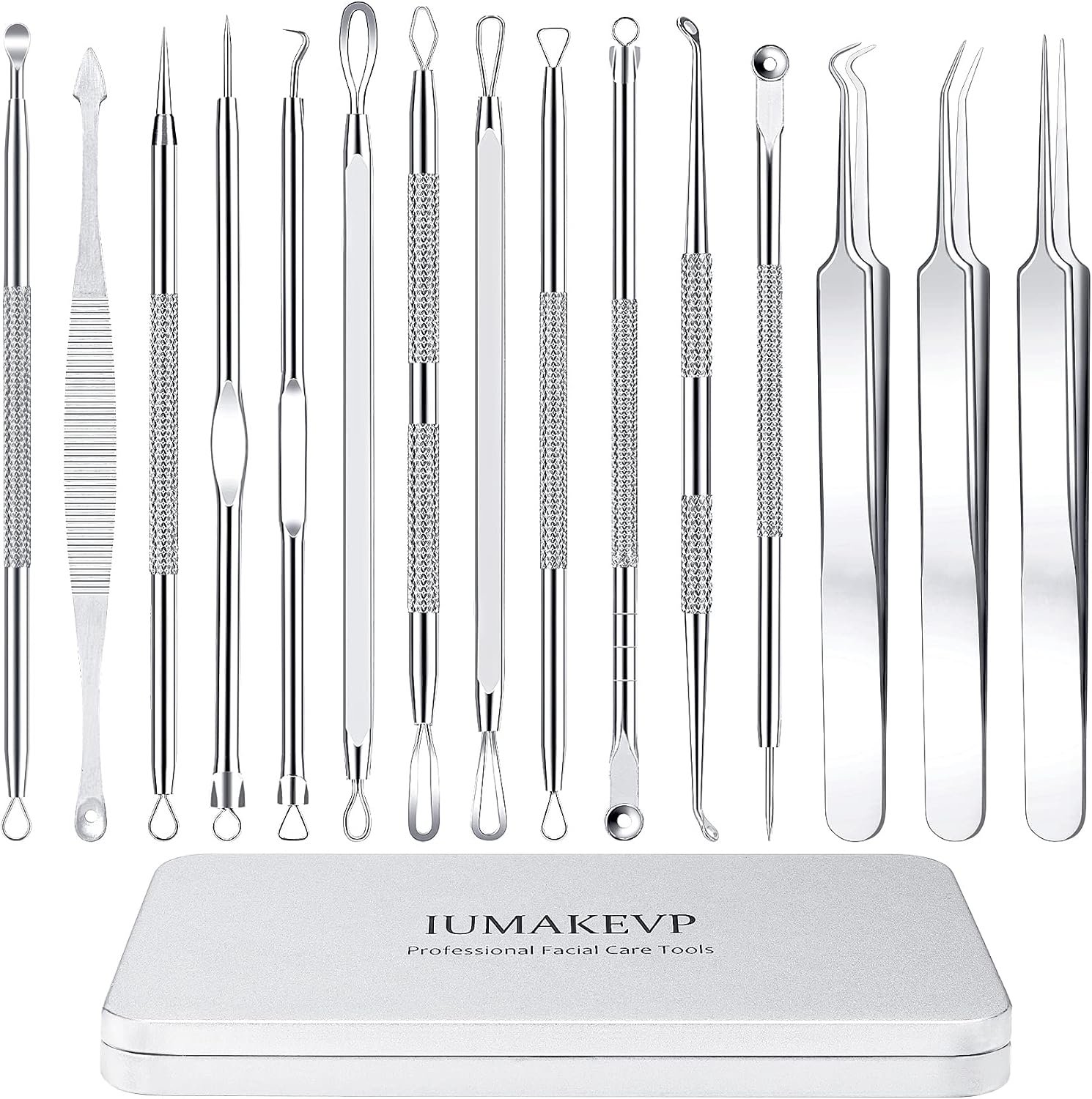 Pimple Popper Tool Kit, IUMAKEVP 15 PCS Professional Stainless Steel Blackhead Remover Comedone Extractor Tools for Removing Zit on Face – Acne Removal Kit with Metal Case (Silver)