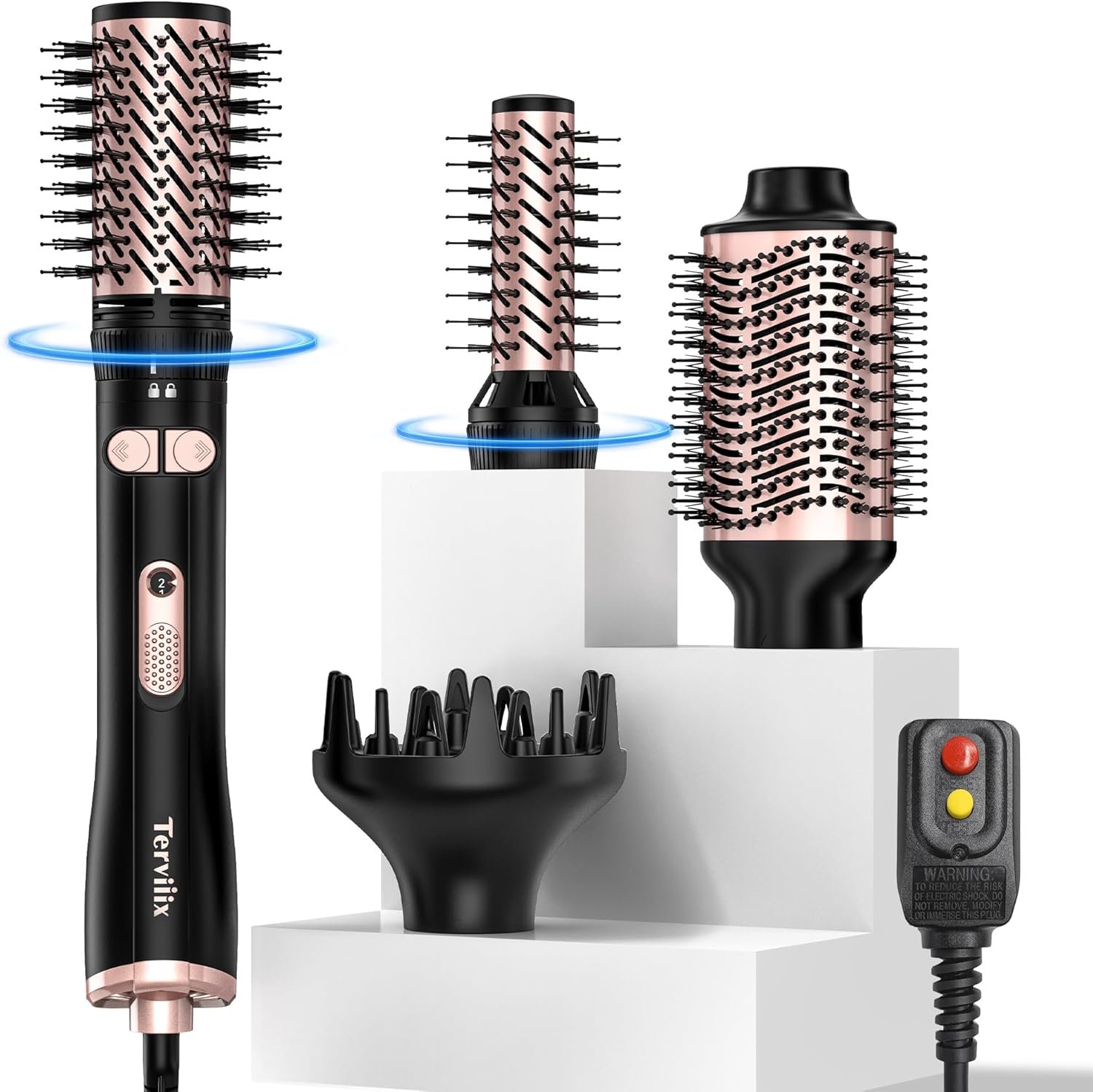 Terviiix 4-in-1 Hot Air Brush, 1000W Styler with 2 Rotating Round Brushes | Volumizing Blowout Styler to Finish Towel-Dried Hair, Oval Volumizer and Diffuser, Tourmaline Ceramic for Smooth Volume