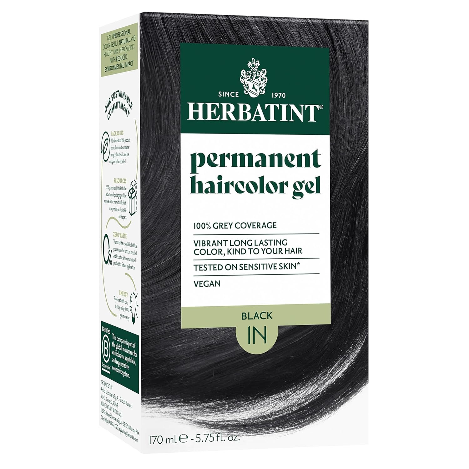 Herbatint 1N Black Permanent Hair Dye For Women – For Up To 100% Gray Coverage of Resistant Gray Hair – Ammonia-Free, Alcohol-Free & Vegan – Salon Influenced Hair color 5.75 fl oz