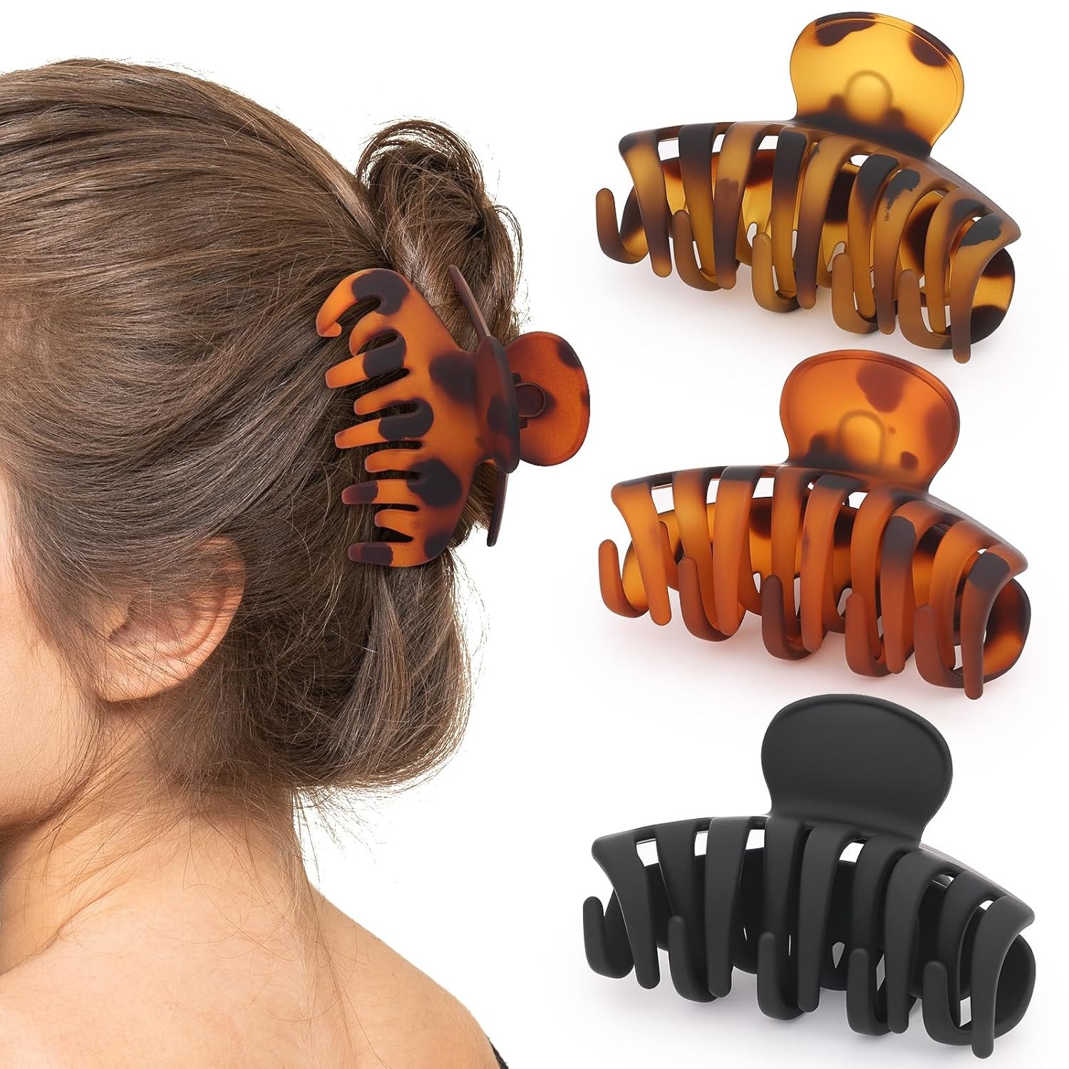 Matte Claw Hair Clips, 3.3 Inch, Black & Tortoiseshell, 3 Pack | Hair clips for women and teens with strong hold, medium size for everyday styling