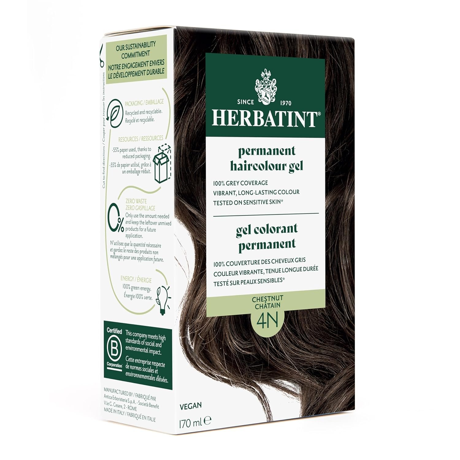 Herbatint Permanent Hair Dye For Women – 4N Chestnut – For Up To 100% Gray Coverage of Resistant Gray Hair – Ammonia-Free, Alcohol-Free & Vegan – Salon Influenced Hair color 5.75 fl oz