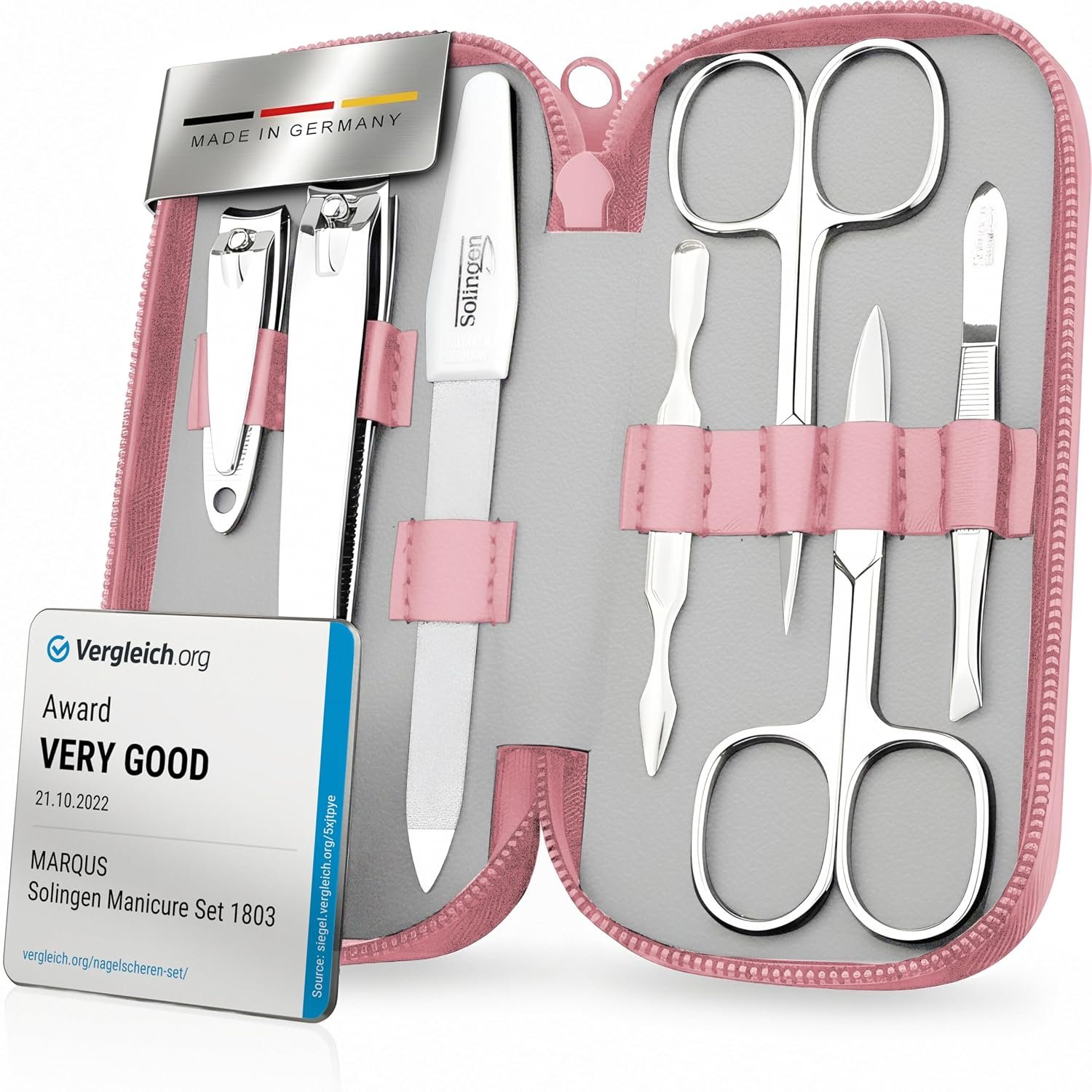 Manicure Set Solingen Made in Germany – 7 Piece Exclusive Finger & Toe Nail Clippers Kit for Women and Men in Real Leather Case, Color Rosa