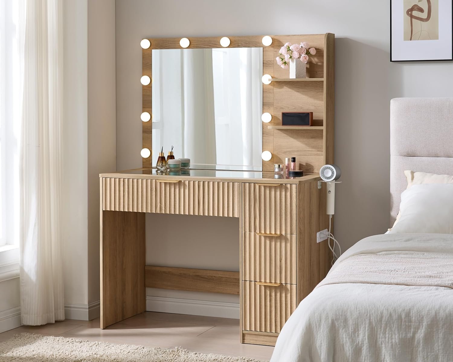 AMERLIFE 36.2″ Fluted Vanity Desk with Mirror and Adjustable LED Lights, Large 4 Drawers Makeup Vanity Table with Glass Top and Charging Station for Women and Girls, Bedroom or Dorm, Natural Oak