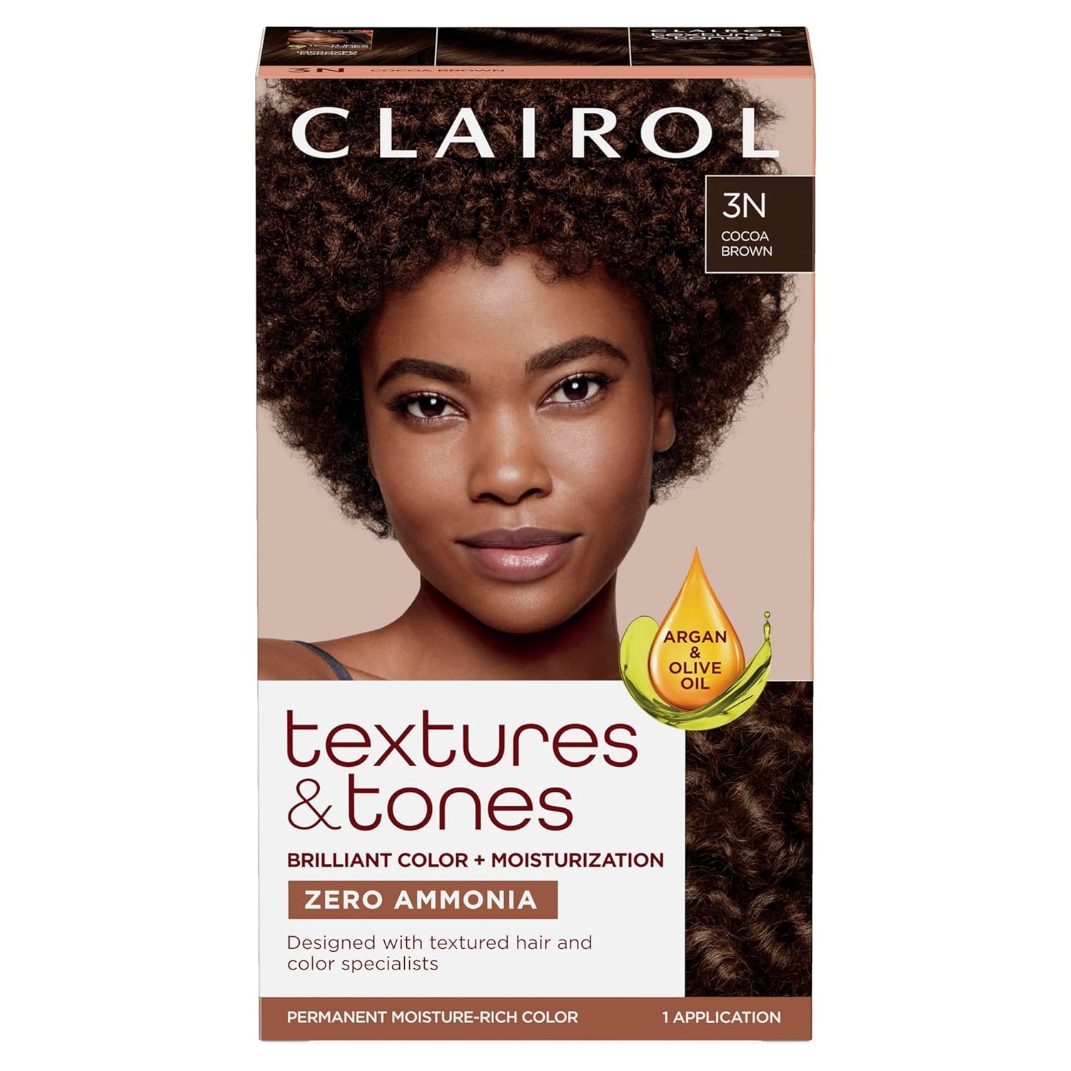 Clairol Textures & Tones Permanent Hair Dye, 3N Cocoa Brown Hair Color | Ammonia-Free | Moisture-Rich Formula with Argan, and Olive Oil for Brilliant Shine | Pack of 1