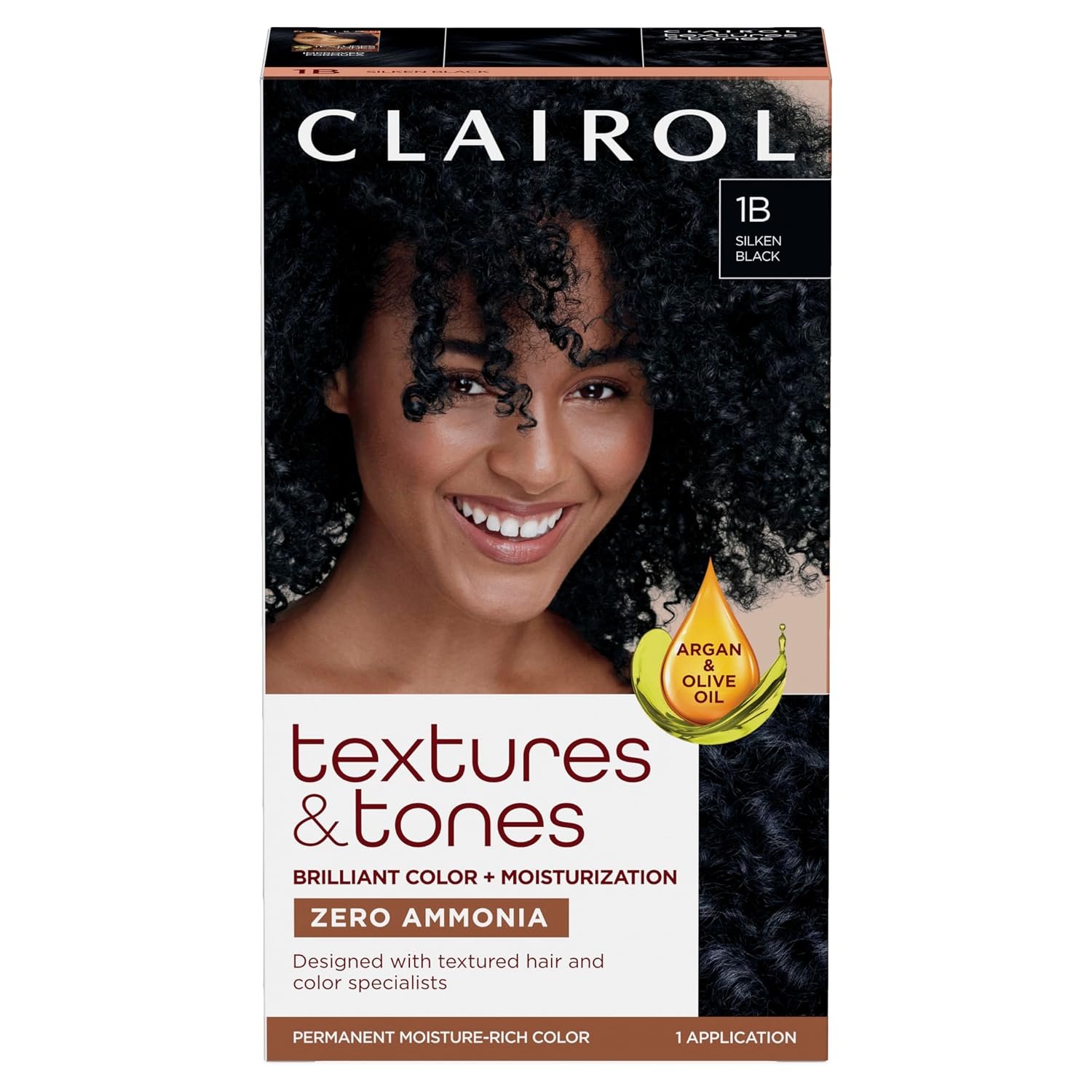 Clairol Textures & Tones Permanent Hair Dye, 1B Silken Black Hair Color | Ammonia-Free | Moisture-Rich Formula with Argan, and Olive Oil for Brilliant Shine | Pack of 1