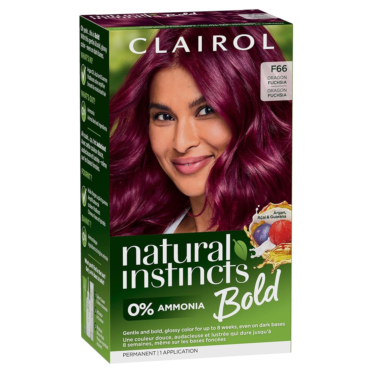 Clairol Natural Instincts Bold Permanent Hair Dye, F66 Dragon Fuchsia Hair Color | Ammonia-Free with Argan Oil | Gentle, Bold Glossy Color for Up to 8 Weeks, Even on Dark Bases | Pack of 1