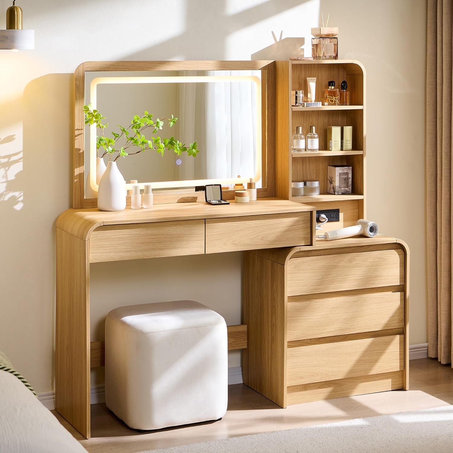 Aitjunz Vanity Desk with Mirror and Lights, 50” Modren Makeup Vanity with 35.43″ Mirror and 5 Drawers, Makeup Table with Charging Station for Women and Girls, Bedroom (Natural)
