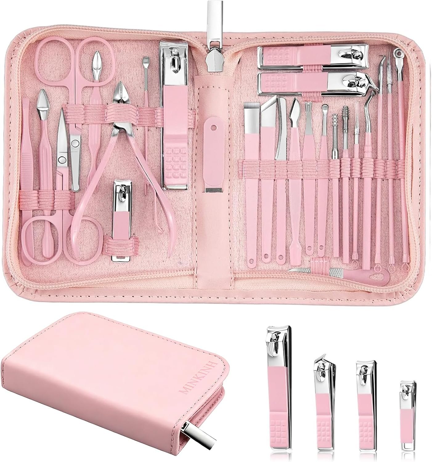 MINKINH 26-Piece Professional Manicure Set，Features Stainless Steel Tools, Carbon Steel Clippers & Travel Case for Women’s Home and Travel Grooming(Pink)