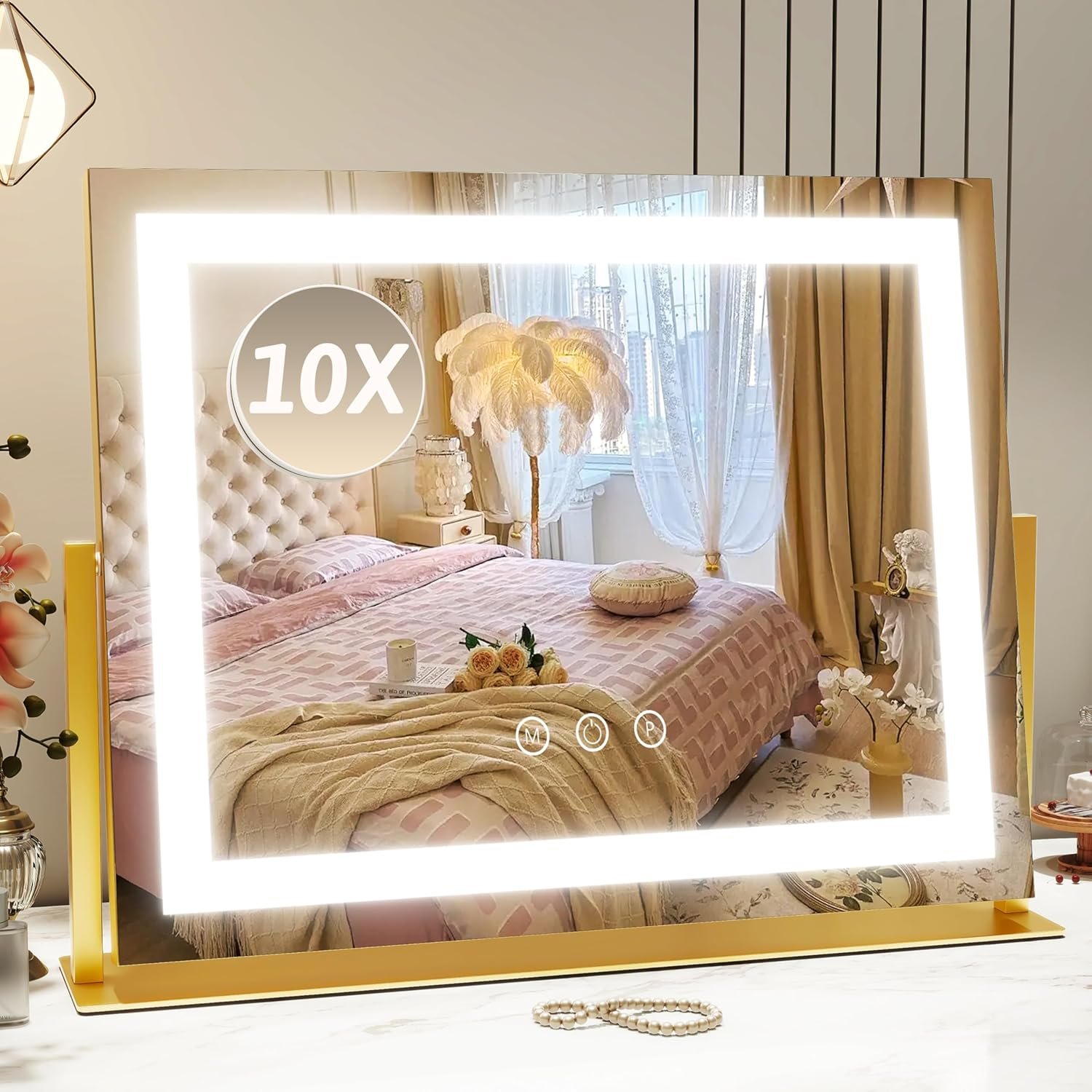 ROLOVE Vanity Mirror with Lights 22″x18″, Lighted Makeup Mirror with 10X Magnification, Smart Touch 3 Colors Dimmable, 360° Rotation, Women Gift, Dresser Mount, Bathroom (Gold)