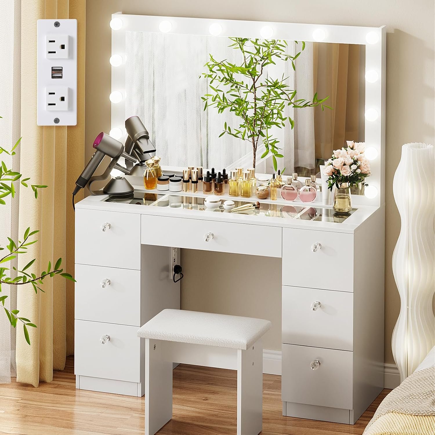 VOWNER Vanity with Lighted Mirror – Makeup Vanity Desk with Glass Top, 7 Drawers and Power Outlet, 3 Color Lighting Modes Adjustable Brightness, 44″ Vanity Table with Stool for Women Girls, White