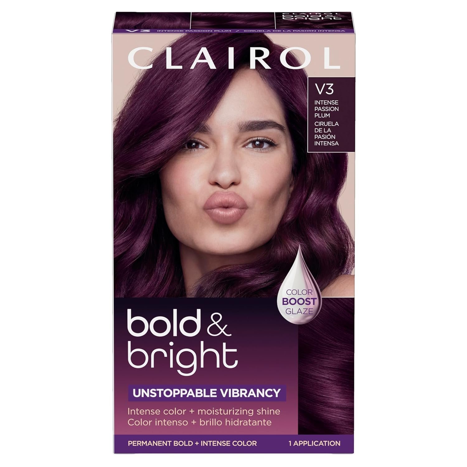 Clairol Bold & Bright Permanent Hair Dye, V3 Intense Passion Plum Hair Color | Intense Vibrancy + Moisturizing Shine | Includes Color Boost Glaze to Amplify Color Anytime | Pack of 1