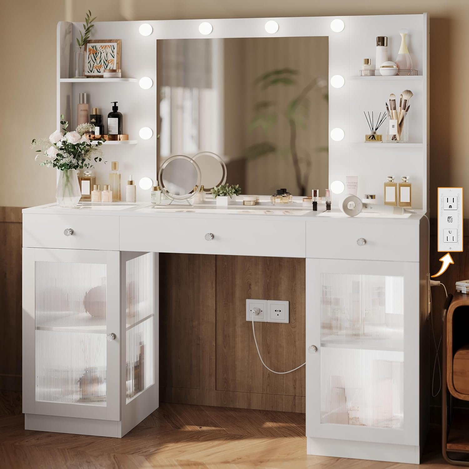IFSEB Makeup Vanity with Glass Top, White Vanity Desk with Mirror and Lights, Big Vanity with Drawers & Cabinets for Bedroom, Cute Vanity with Crystal Knobs & Power Outlet for Women
