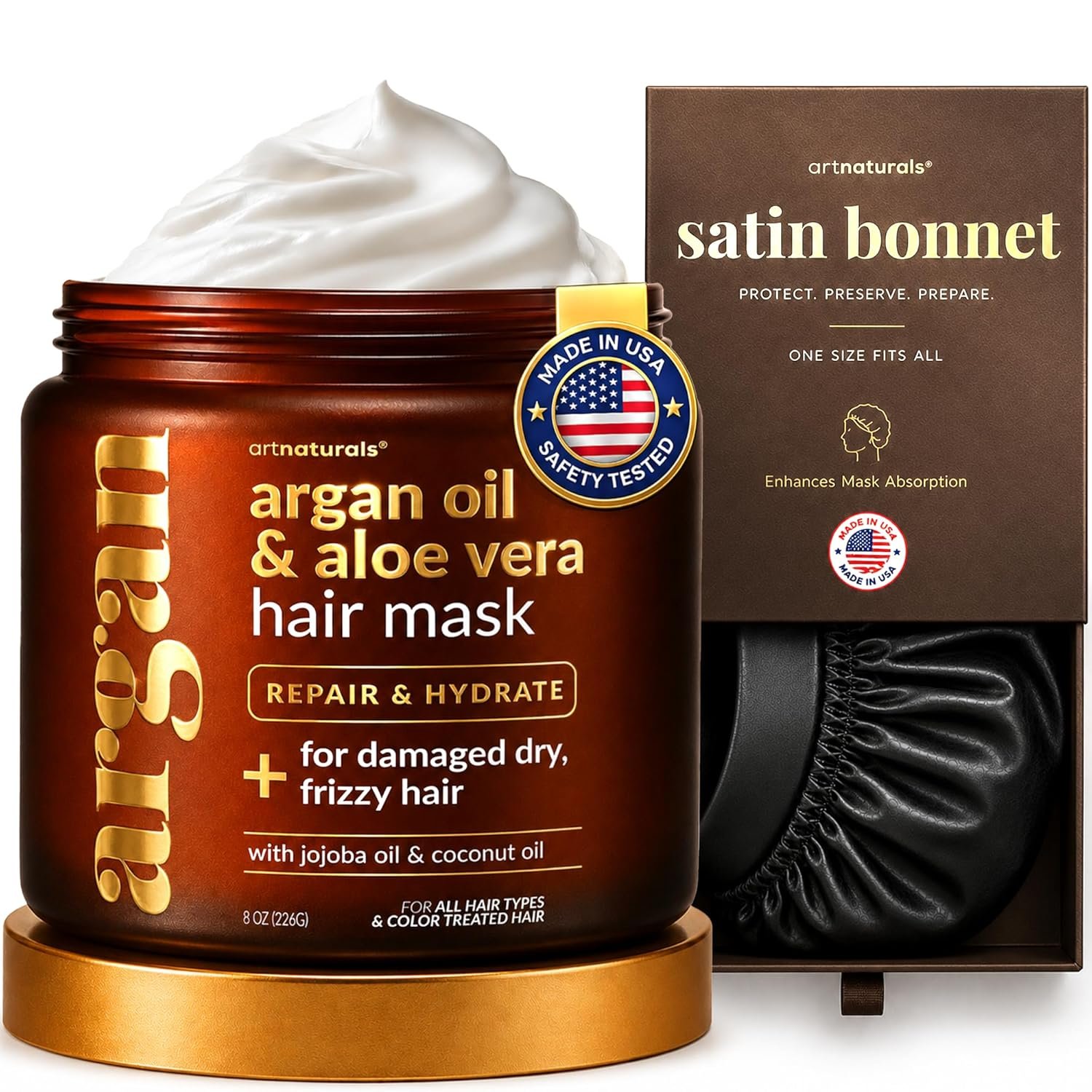ArtNaturals 2-Step Deep Repair Hair Mask for Damaged Hair – Intensive Treatment for Dry, Damaged & Color-Treated Hair – Argan oil Deep Conditioner w/ Silk Bonnet to Drive Deeper Penetration 8 oz