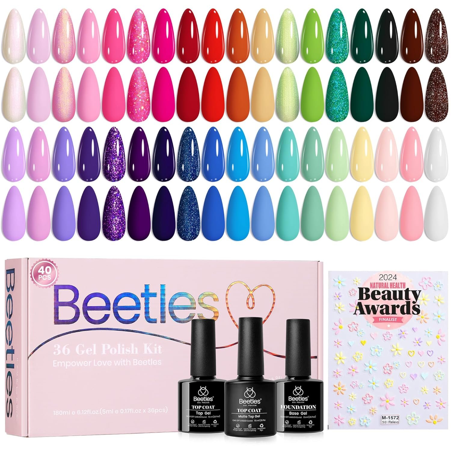 Beetles Gel Nail Polish Set, 40 PCS 36 Colors Verse of Flower Summer Gel Polish Kit, 0.17 Fl Oz, Pastel Pink Purple Blue Red, Base Glossy Matte Top Coat, Flower Stickers, Soak Off UV LED