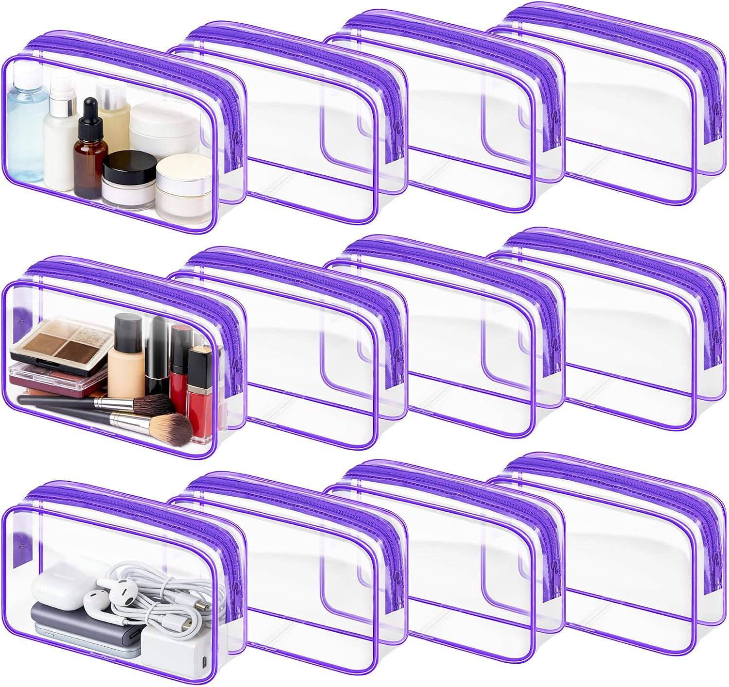 Eilyliafe 12PCS Clear Makeup Bag Transparent PVC Makeup Bag Waterproof Plastic Zipper Pouches Travel Toiletry Organizer Cosmetic Storage Case for Women Traveling Bathroom (Purple, Medium)