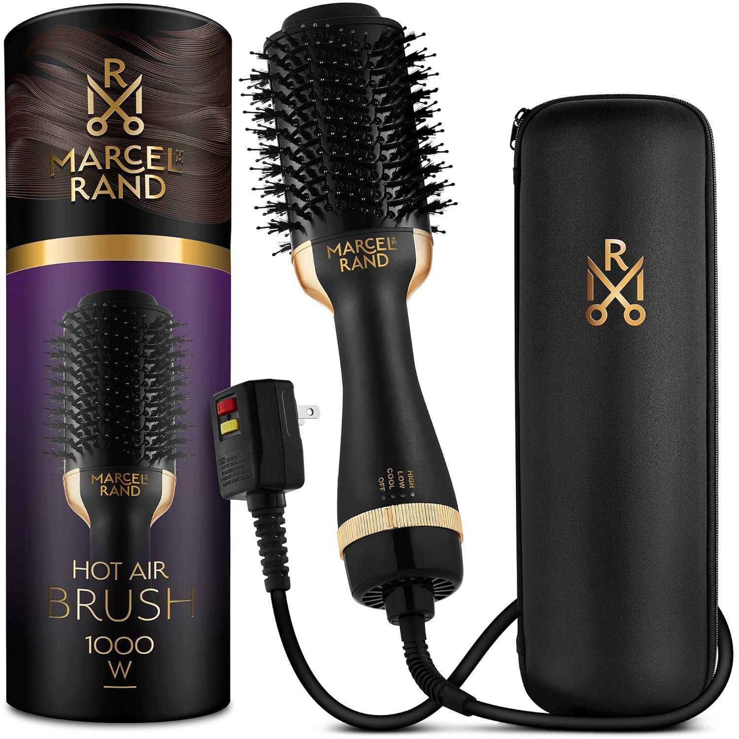 Professional 2 in 1 Volumizing Oval Hair Brush Dryer for Women, 75MM with Hard Travel Case and Premium Gift Box, Black & Gold