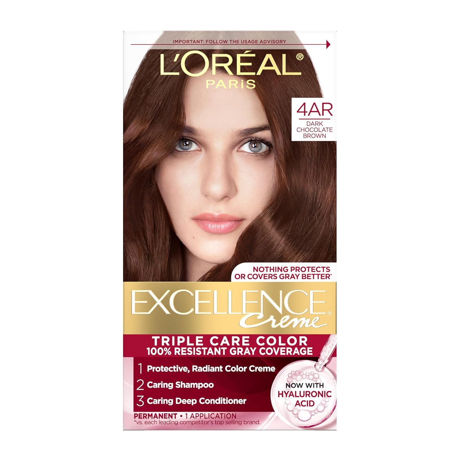 L’Oreal Paris Excellence Crème Permanent Hair Dye, Triple Care Hair Color with Hyaluronic Acid for 100% Gray Coverage, 4AR Dark Chocolate Brown, 1 Kit (Packaging May Vary)