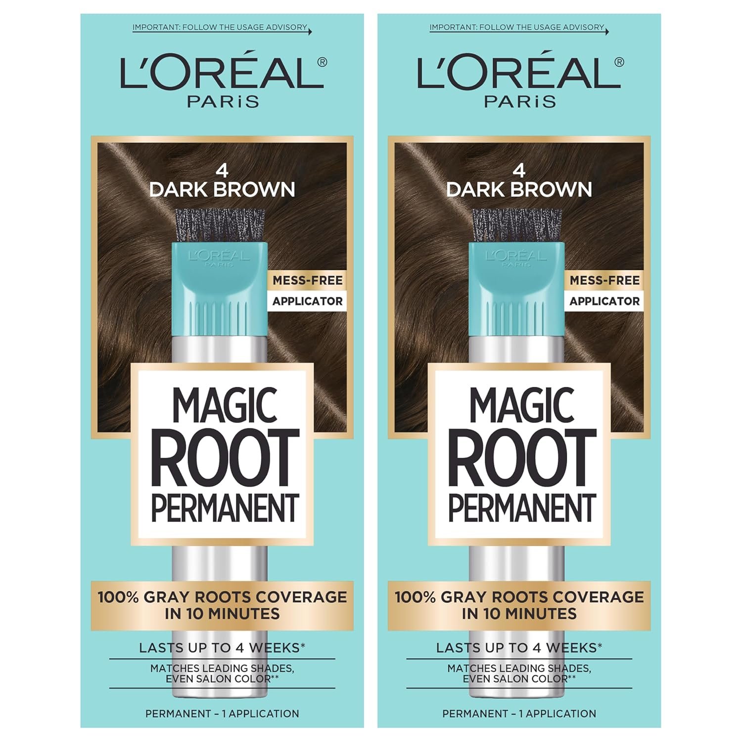 L’Oreal Paris Magic Root Permanent Hair Color Kit, 100% Gray Hair Coverage In Just 10 Minutes, Precision Brush Applicator for Seamless Application, 4 Dark Brown (2 Count)