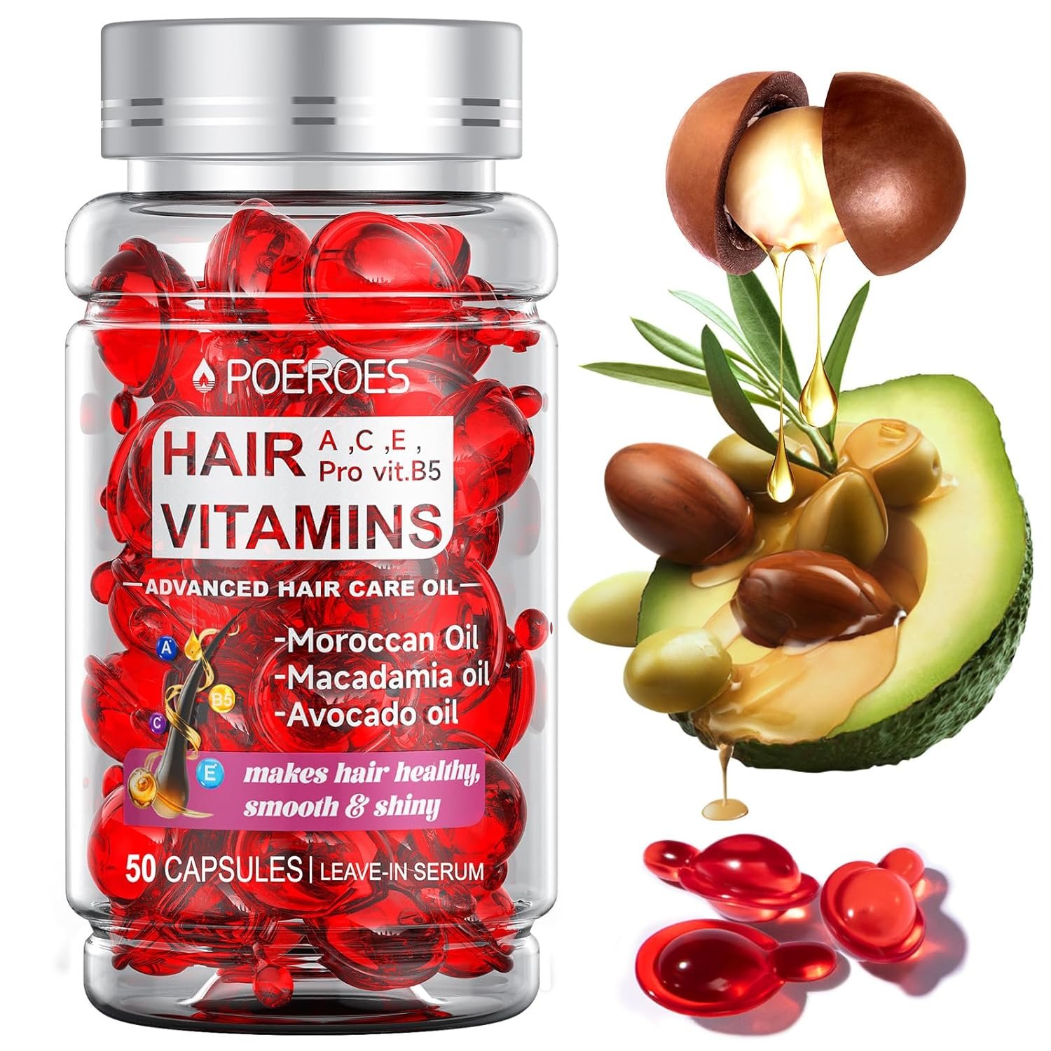 POEROES Hair Oil 50 Capsules – Hair Vitamins A C E Pro B5 – Hair Treatment Serum – Serum for Frizzy and Damaged Hair – Argan & Avocado Oil – Leave in Conditioner for Women & Men