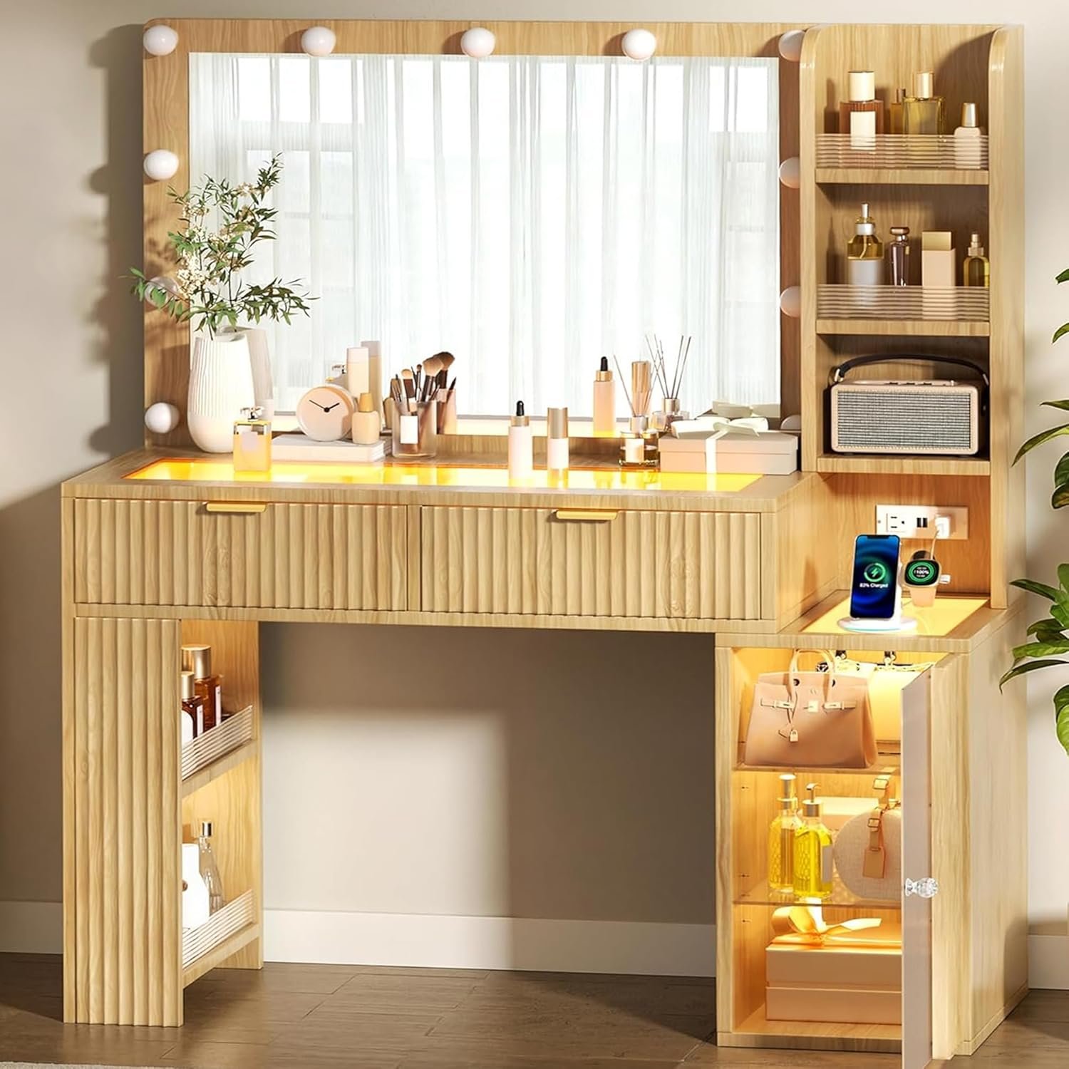47” Fluted Wood Vanity with Large 37’’ Mirror and RGB Lights, Makeup Vanity Desk with Glass Top & 2 Lighted Drawers & Acrylic Cabinet & 5 Shelves, Woman Vanity with Charging Station, Natural Oak