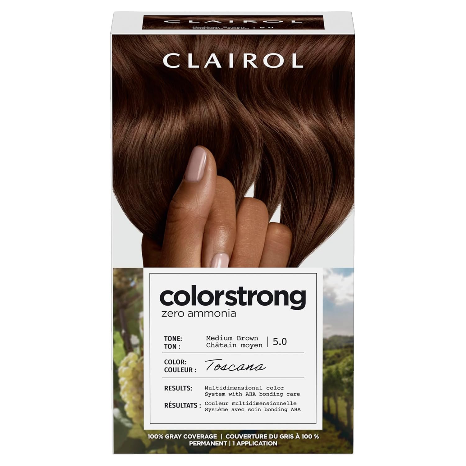 Clairol ColorStrong Permanent Hair Dye, Ammonia‑Free, PPD‑Free, 100% Gray Coverage with Bonding System, 5.0 Medium Brown – Toscana Hair Color, Pack of 1